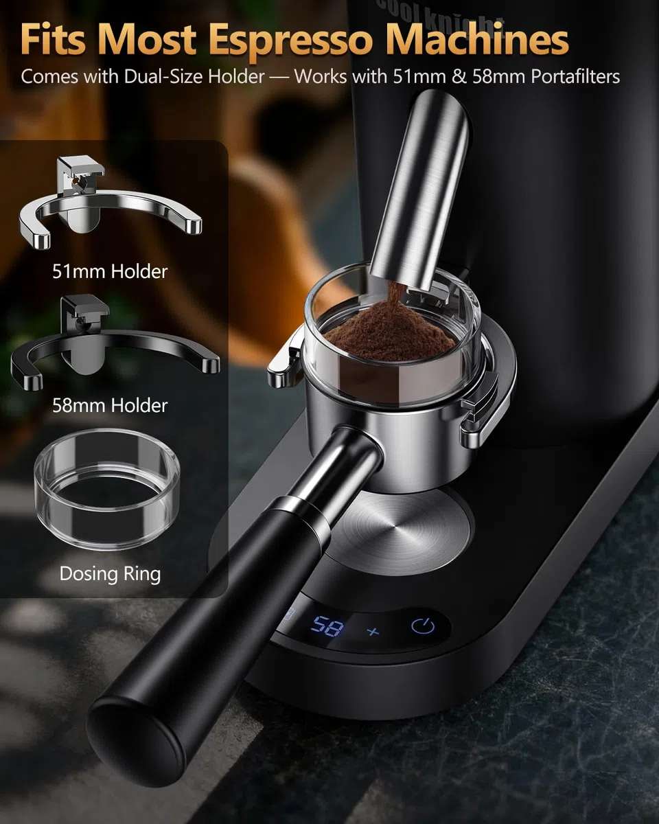 COOL KNIGHT Molinillo de café cónico recargable, 60 ajustes de molienda y temporizador de 5 a 98 niveles, molinillo de espresso con tolva de fuelle y soporte para portafiltro, fácil de limpiar