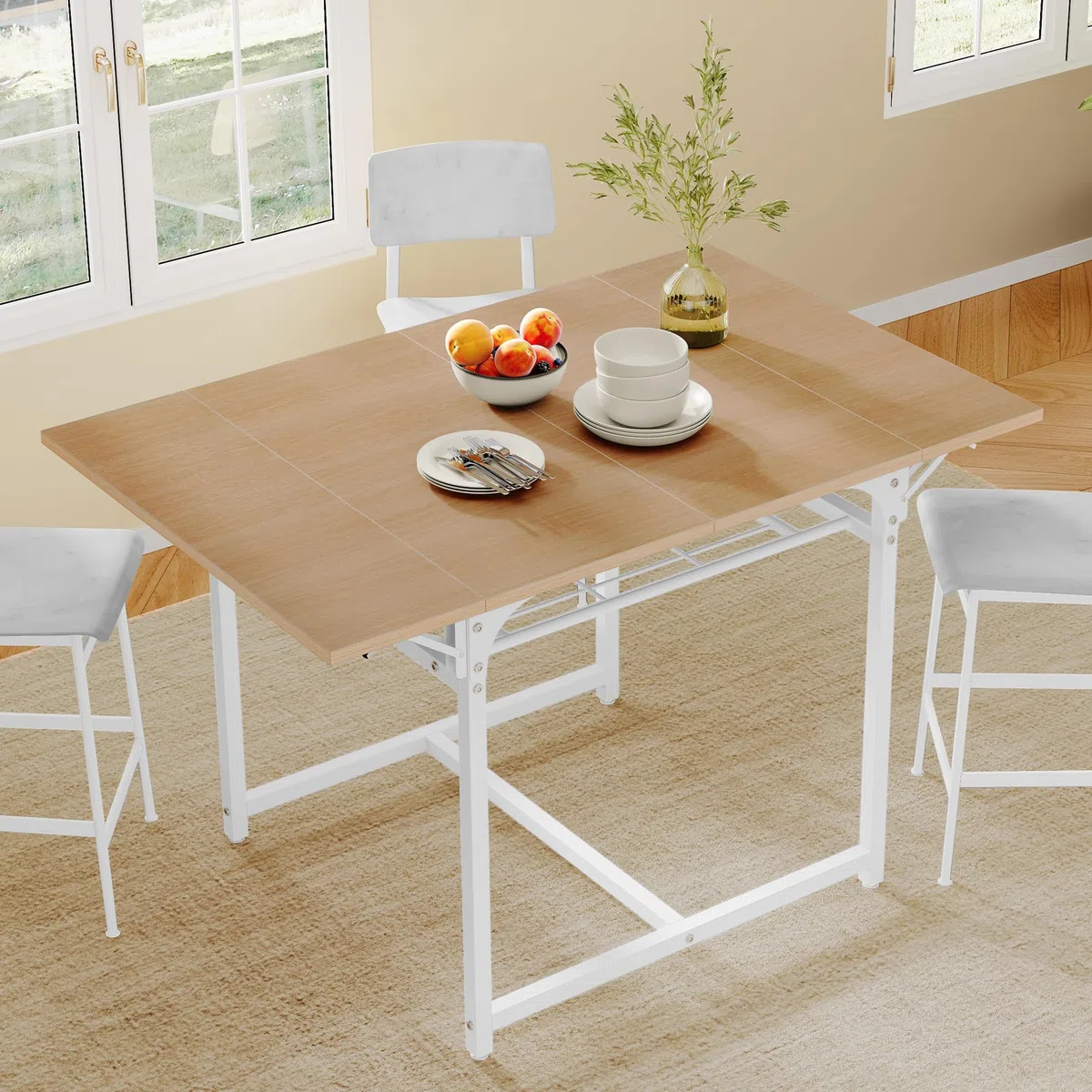 YITAHOME Mesa de Comedor Plegable, Mesa de Hoja de Gota Extensible con Estante de Almacenamiento y 4 Patas Ajustables, Asientos para 2-6 Personas, 120 x 78 x 75 cm, Roble Amarillo y Blanco