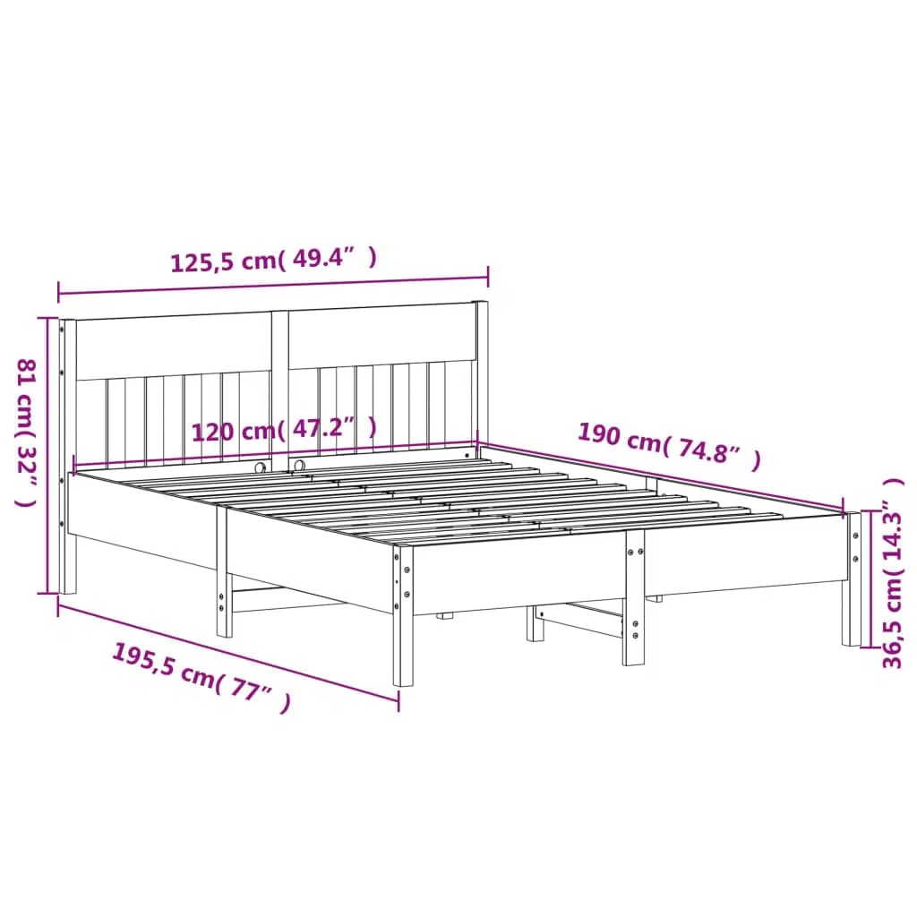 Cama de madera maciza sin colchón, 120 x 190 cm, marrón cera, madera de pino, marco de cama resistente, cama individual para dormitorio, duradera