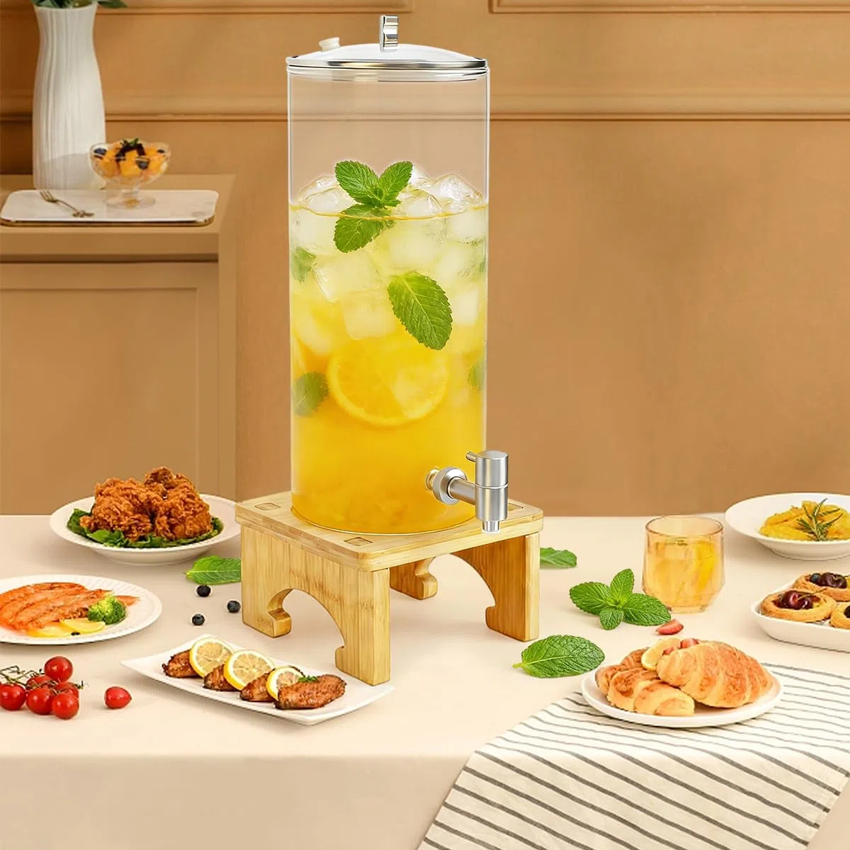 Dispensador de bebidas de 7 L con soporte, dispensador de vidrio con llave de acero inoxidable macizo para jugos helados, agua, bebidas caseras, fiestas, bodas