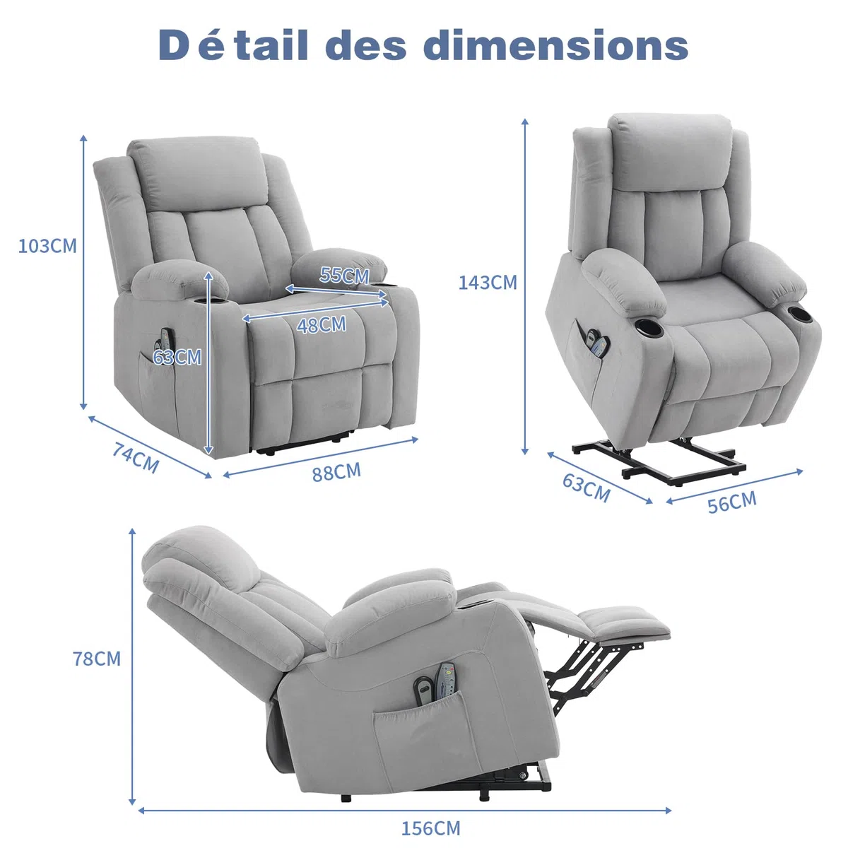 LEADZM - Silla elevadora eléctrica, silla de relax eléctrica, con función de masaje y calor, inclinación ajustable, sillón relajante con reposapiés, mandos a distancia