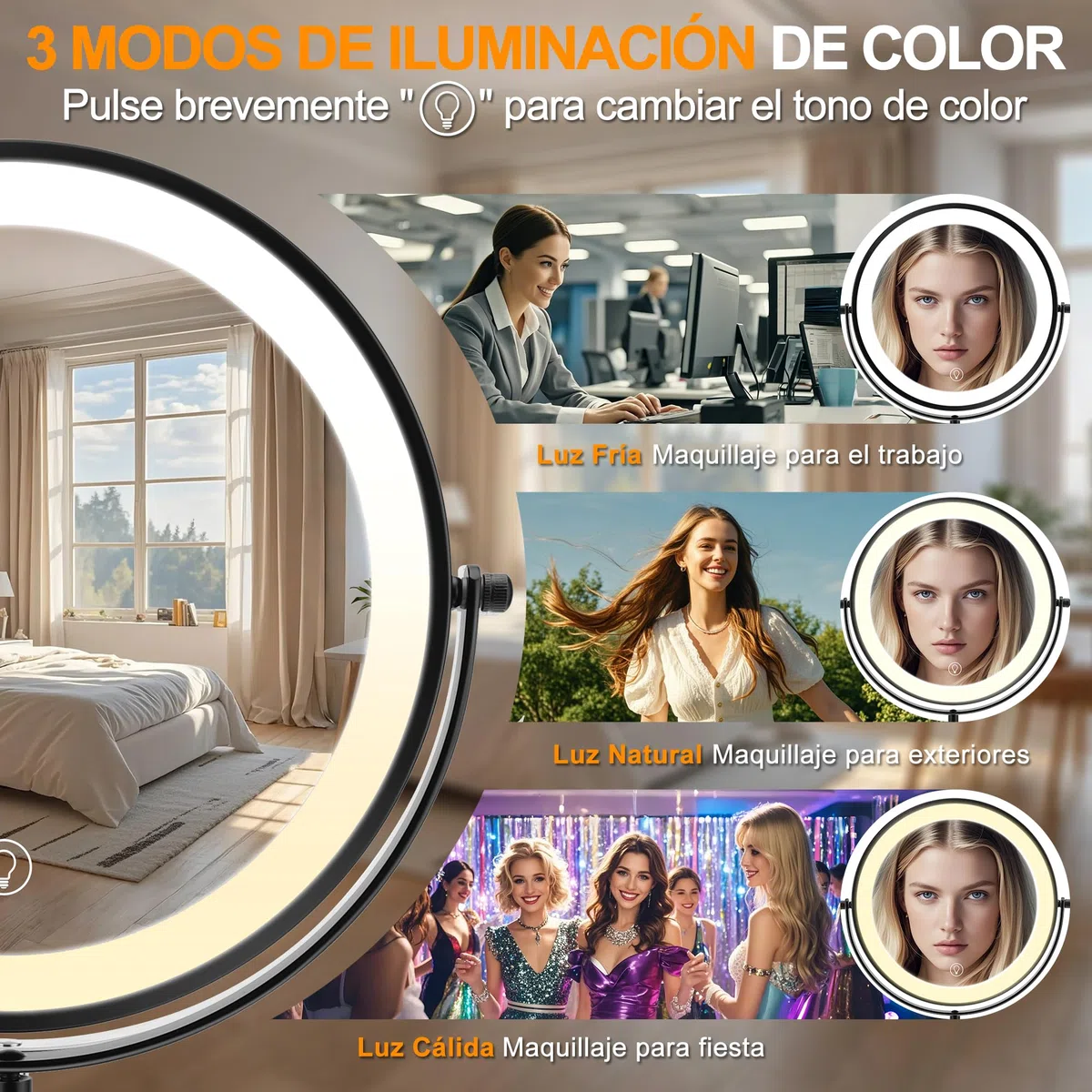 Espejo de Maquillaje de Doble Cara de Altura Ajustable con Luz, 3 Colores de Luz LED e Interruptor Táctil, para Cuidado Personal y Maquillaje (10X)