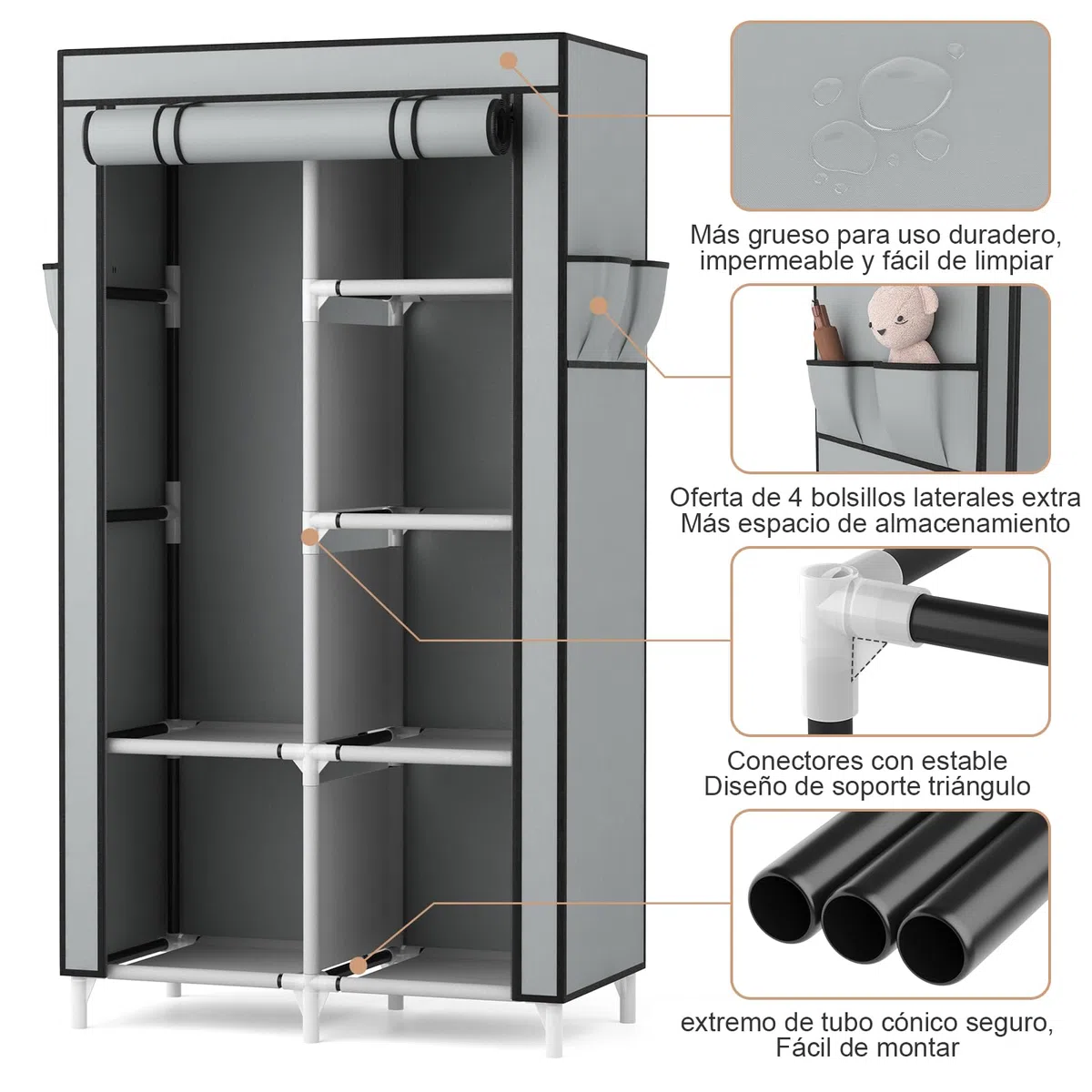 Vicye Armario de Tela, Organizador Armario Ropero Portátil con 1 Barra para Colgar y 6 Estantes para Dormitorio, Vestidor, Salón, Gris, 84 x 42 x 162 cm