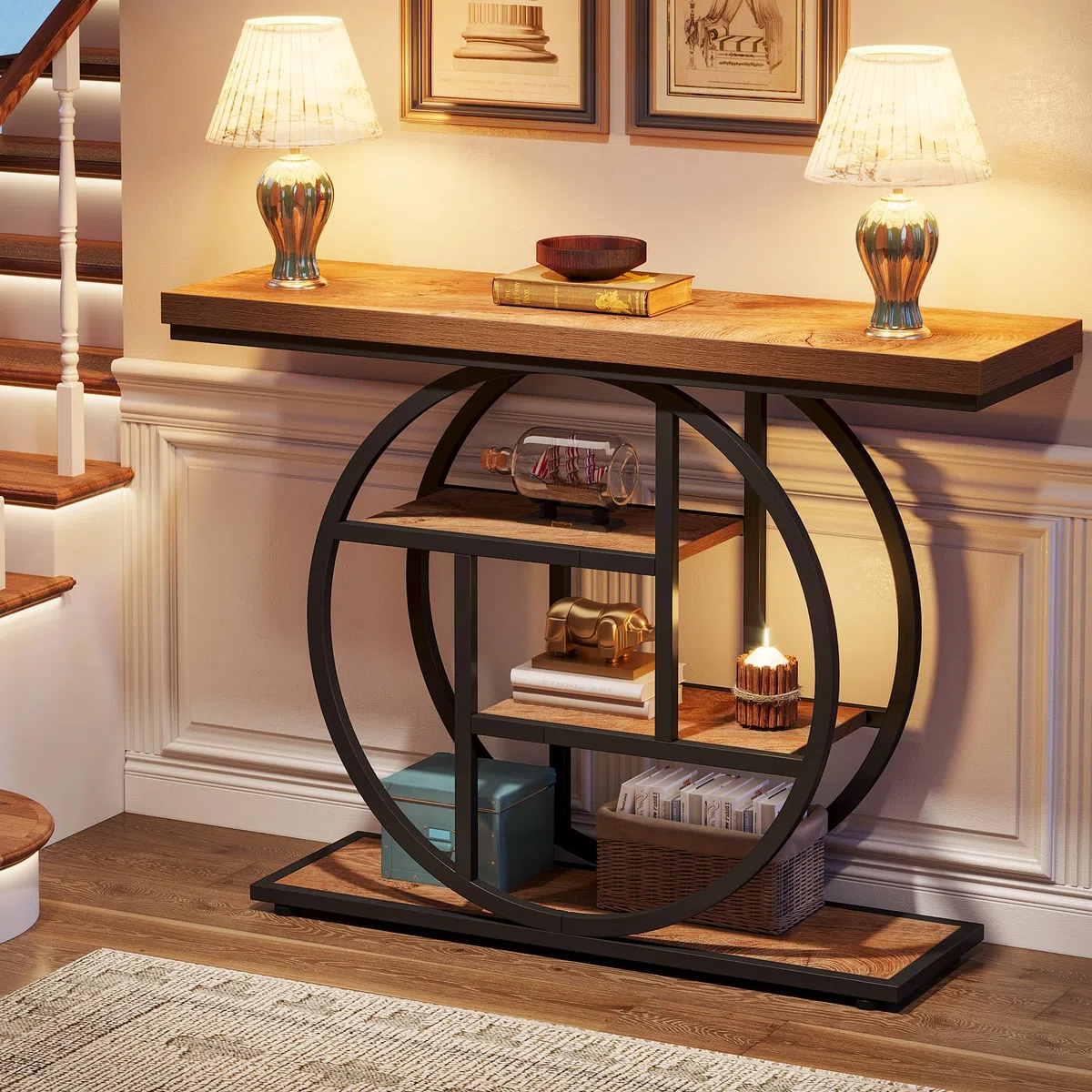 Tribesigns Mesa Consola Industrial de 105cm, Mesa de Entrada de sofá de 4 Niveles con Base Circular, mesas estrechas de Madera con estantes de Almacenamiento para Sala (Marrón Claro)