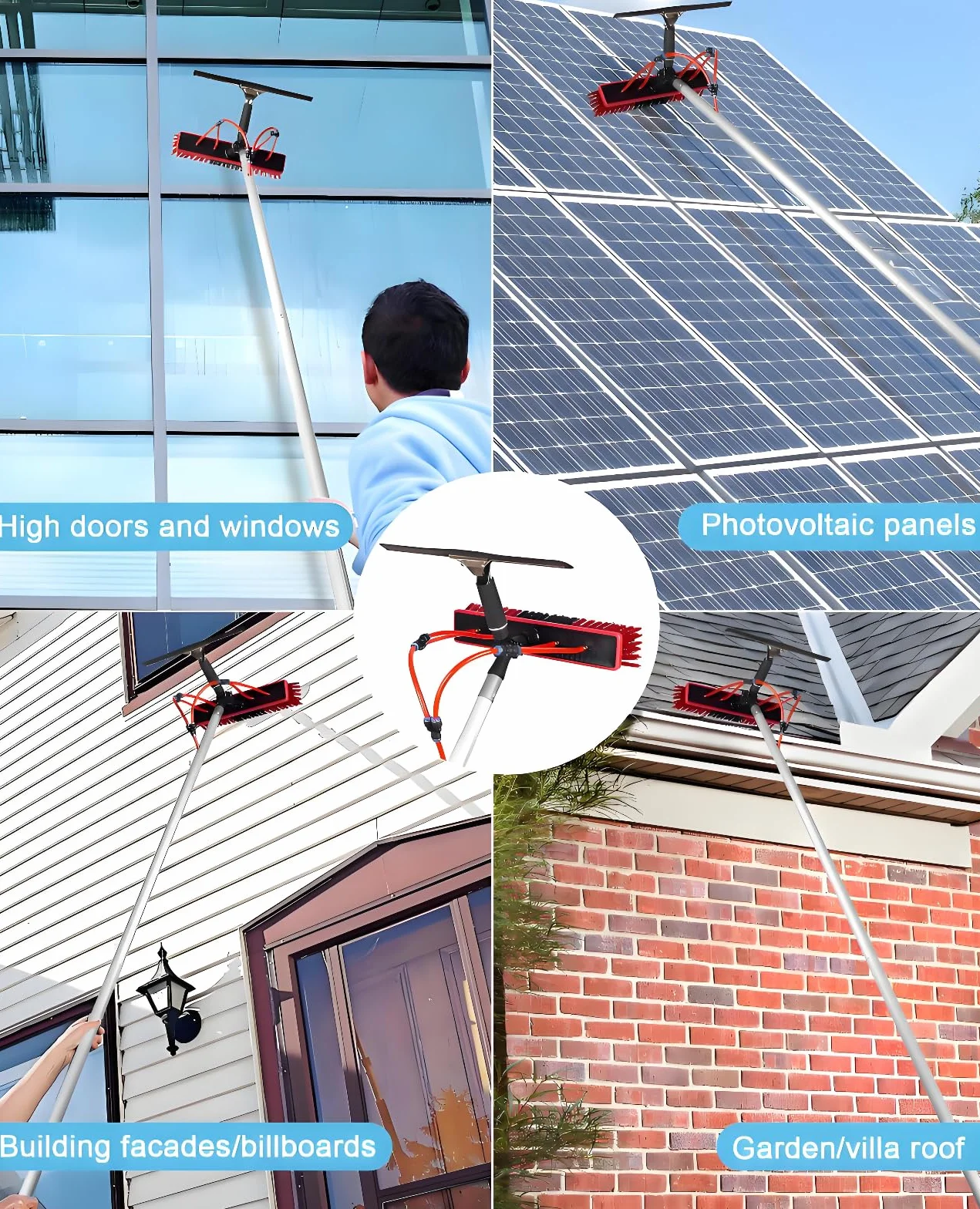 Kit de Limpieza con pértiga telescópica de 9 m: Cepillo con Suministro de Agua, rasqueta, Plumero, dispensador de jabón y Manguera de 20 m para Paneles solares, Ventanas, techos y