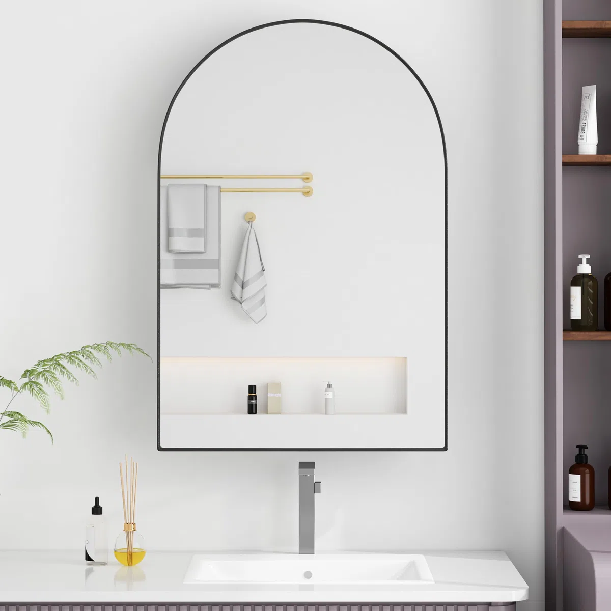 MURUL Armario con espejo de arco redondo negro con marco de metal, espejo y estantes ajustables – para baño, salón y dormitorio