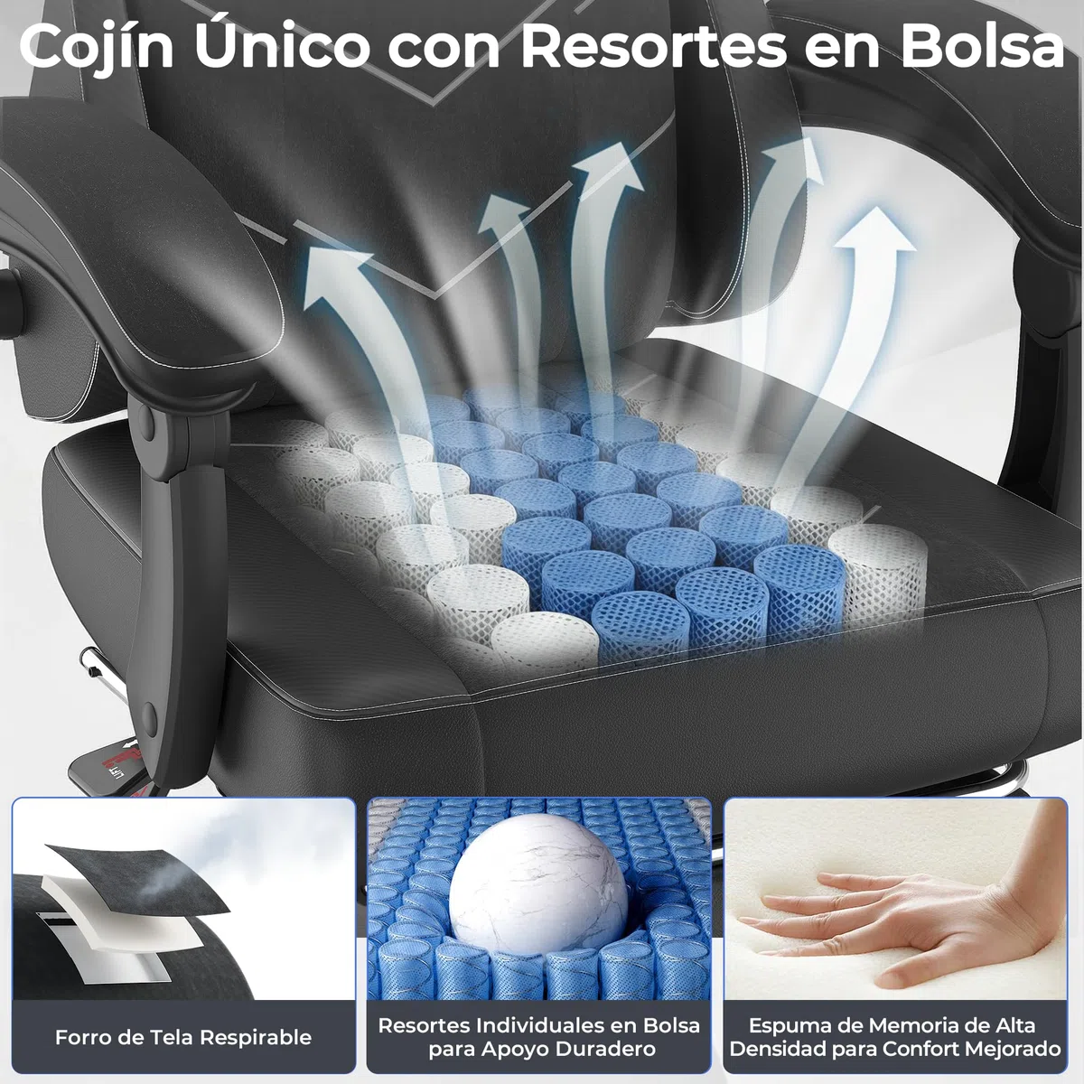 TRIUMPHKEY Silla Gamer Ergonómica, Silla de Oficina con Reposapiés, Inclinable, Soporte Lumbar, Cojín de Muelles, Reposabrazos Sincronizados, Capacidad de Carga 200kg, Negro Obsidiana
