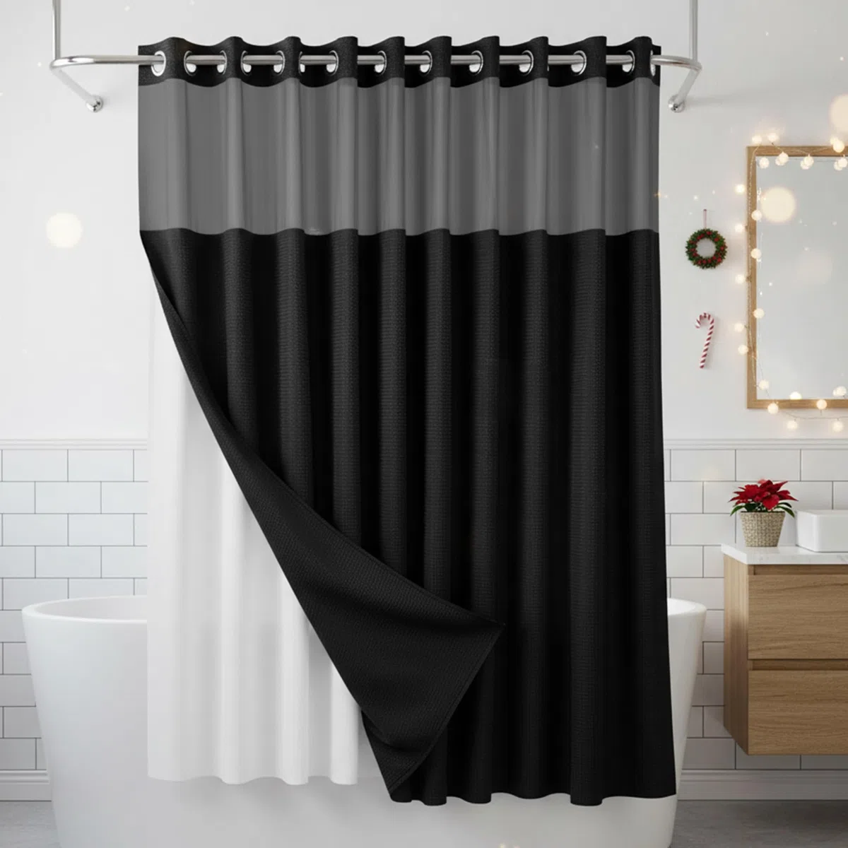 ARGIGU Cortina de ducha con tejido de gofre sin ganchos necesarios con forro a presión, grado hotelero, cortina de baño negro g