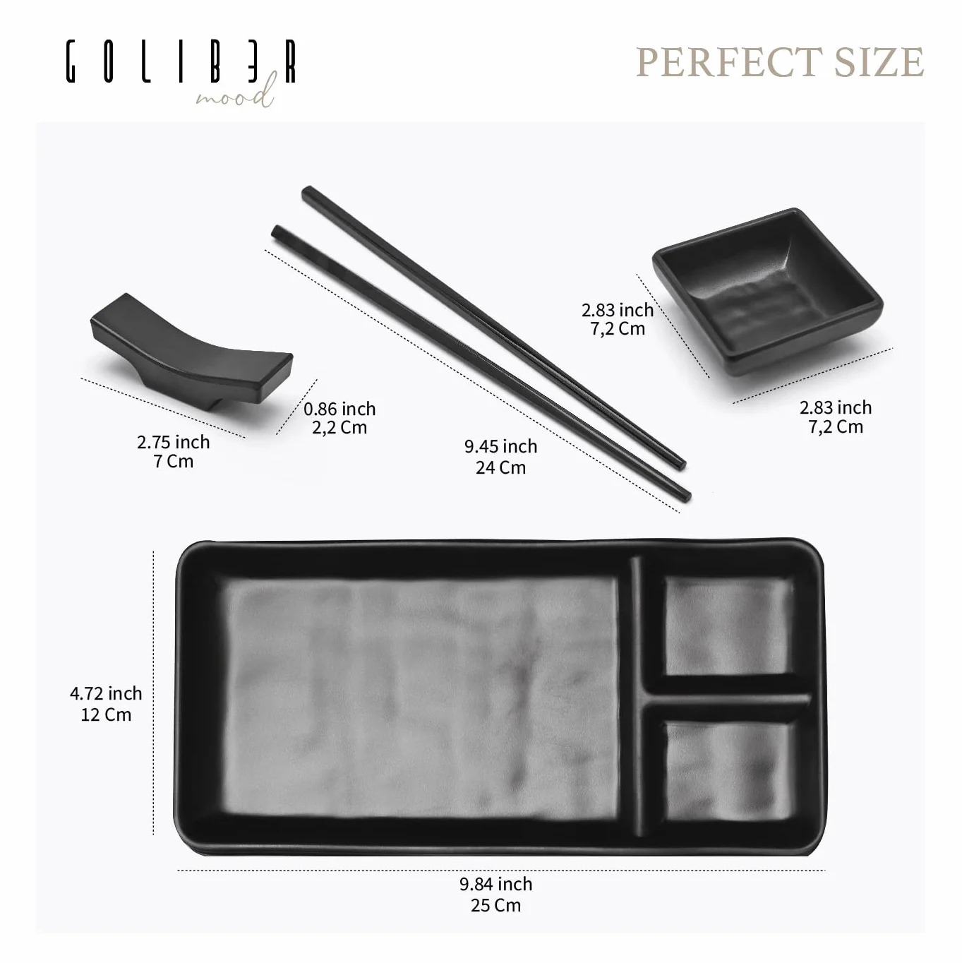 Vajilla Sushi Japonés (8 Piezas) – 2 Platos Individuales (19 X 14 Cm), 2 Tazones Para Salsa, 2 Pares De Palillos, 2 Soportes Para Palillos. En Melamina. Negro