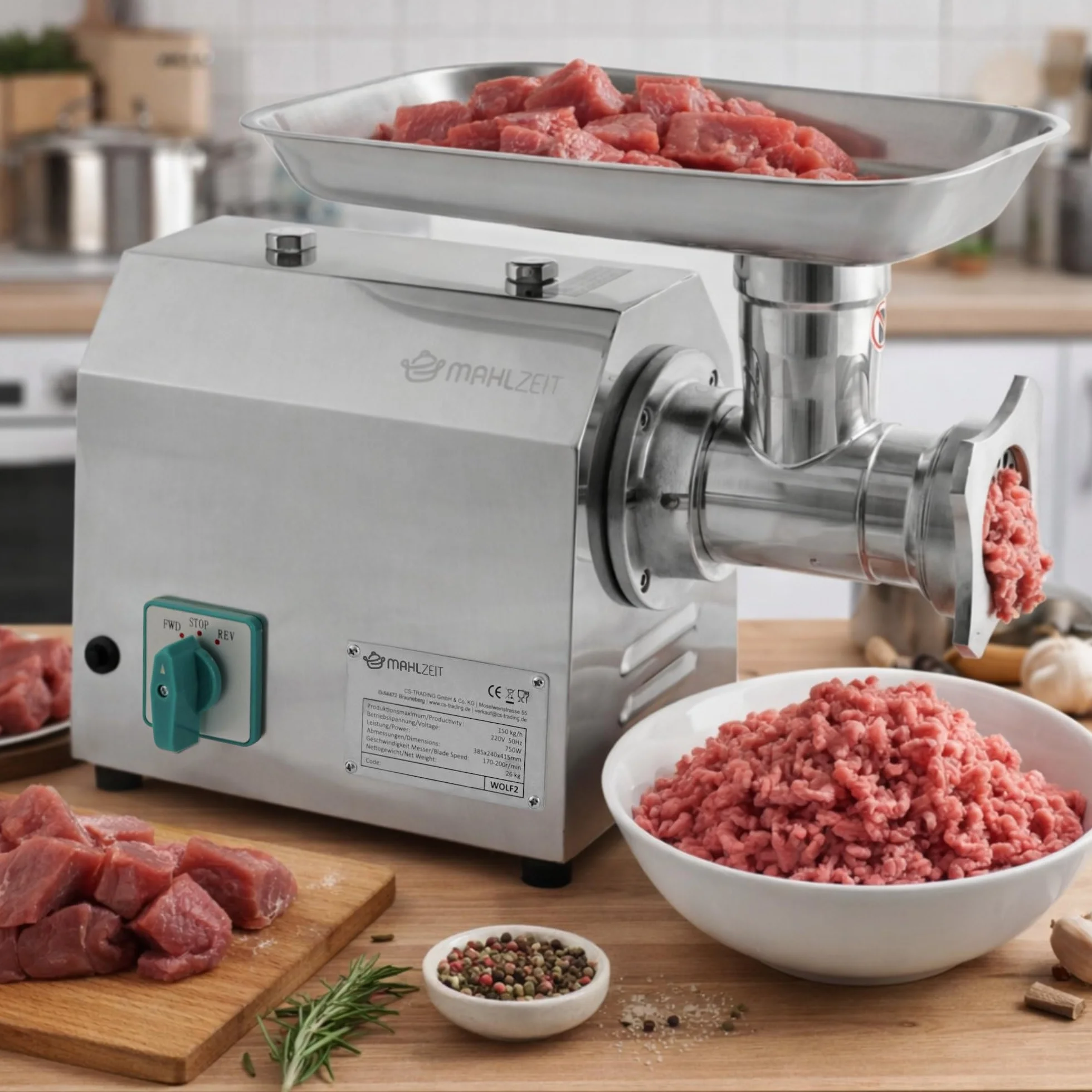 Mahlzeit Picadora Eléctrica de Carne Profesional de Acero Inoxidable | 750 W - 150 kg/h | Máquina para Embutir para Gastronomía | Embutidora | Máquina para Rellenar Salchichas, Picadora