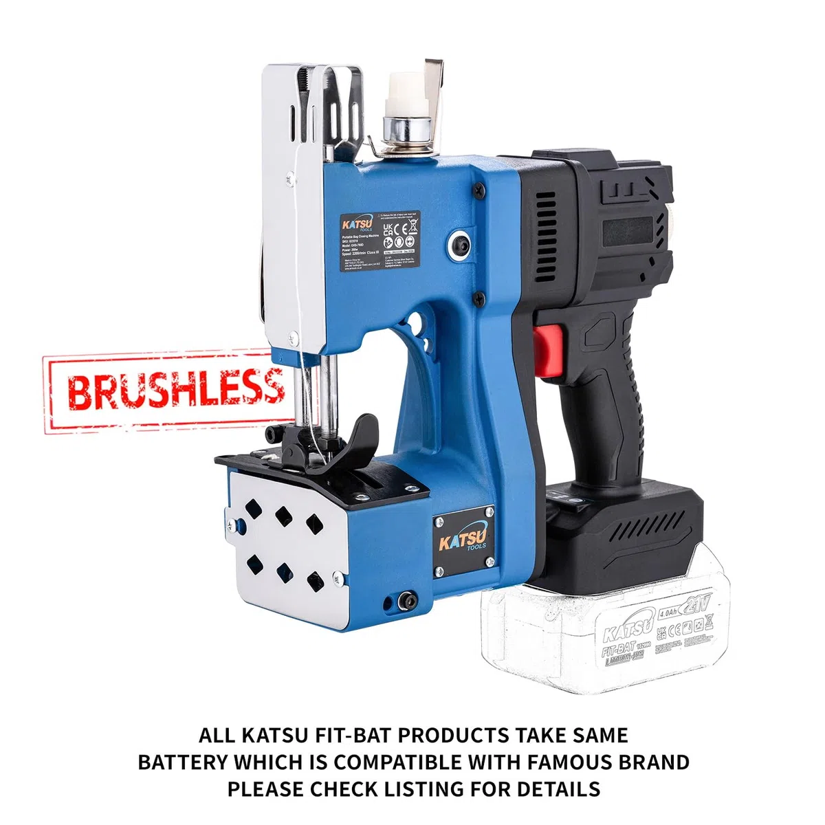 KATSU FIT-BAT 823516 - Máquina de coser inalámbrica sin escobillas de 18/21 V, 5 agujas de coser adicionales, para bolsas tejidas/sacos/papel/plástico, sin batería