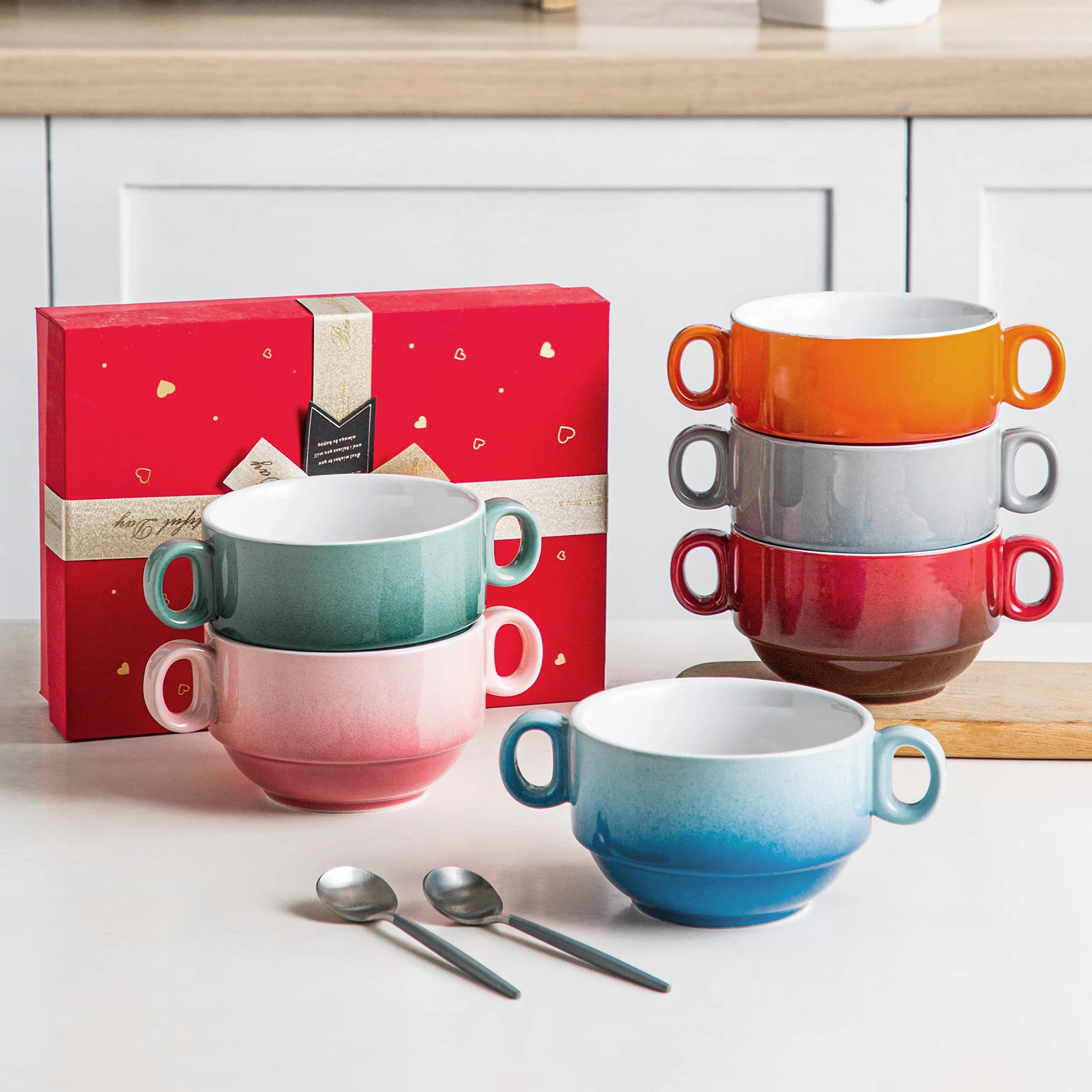 Lovecasa, taza de caldo con asas, 400 ml, cuencos para sopa de cerámica de 6 piezas, apto para lavavajillas y horno, multicolor