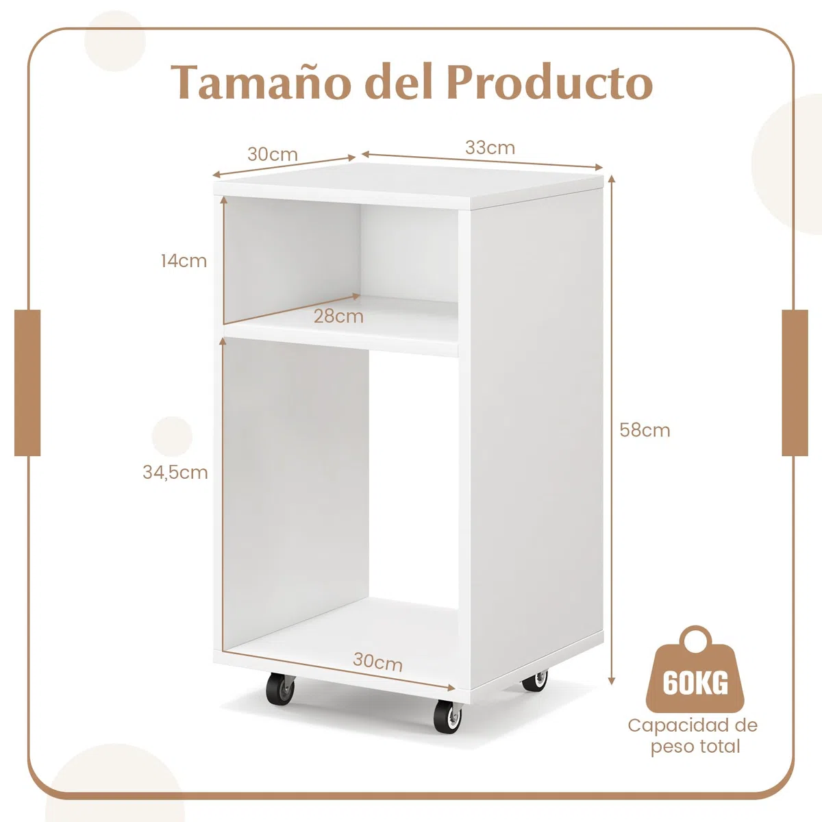 COSTWAY Cajonera Escritorio, Cajonera Oficina con 2 Estantes Abiertos, Cajonera con Ruedas, 33 x 30 x 58 cm, Soporte para Impresora Casa, Oficina, Blanco