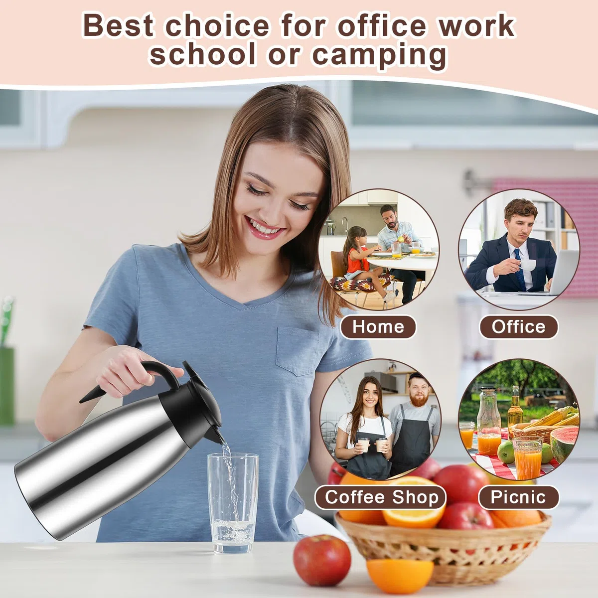 Norme 2 jarras térmicas de café de acero inoxidable aisladas para líquidos calientes al vacío, dispensador de crema con cepillos para mantener la leche caliente (plata, 31 onzas)