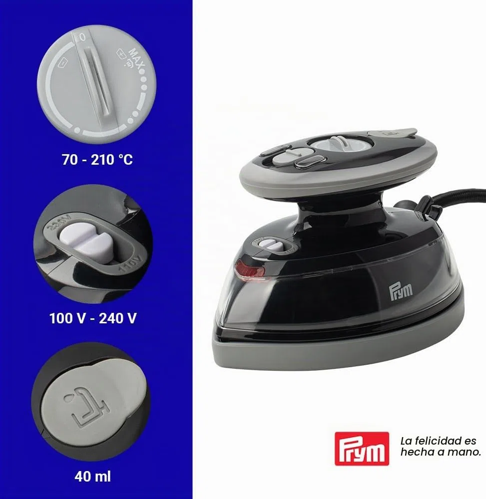 Prym Mini plancha de vapor negra con bandeja de silicona y estuche de almacenamiento, 400 W, temperatura ajustable (110 – 240 V), ideal para costura, patchwork y viajes