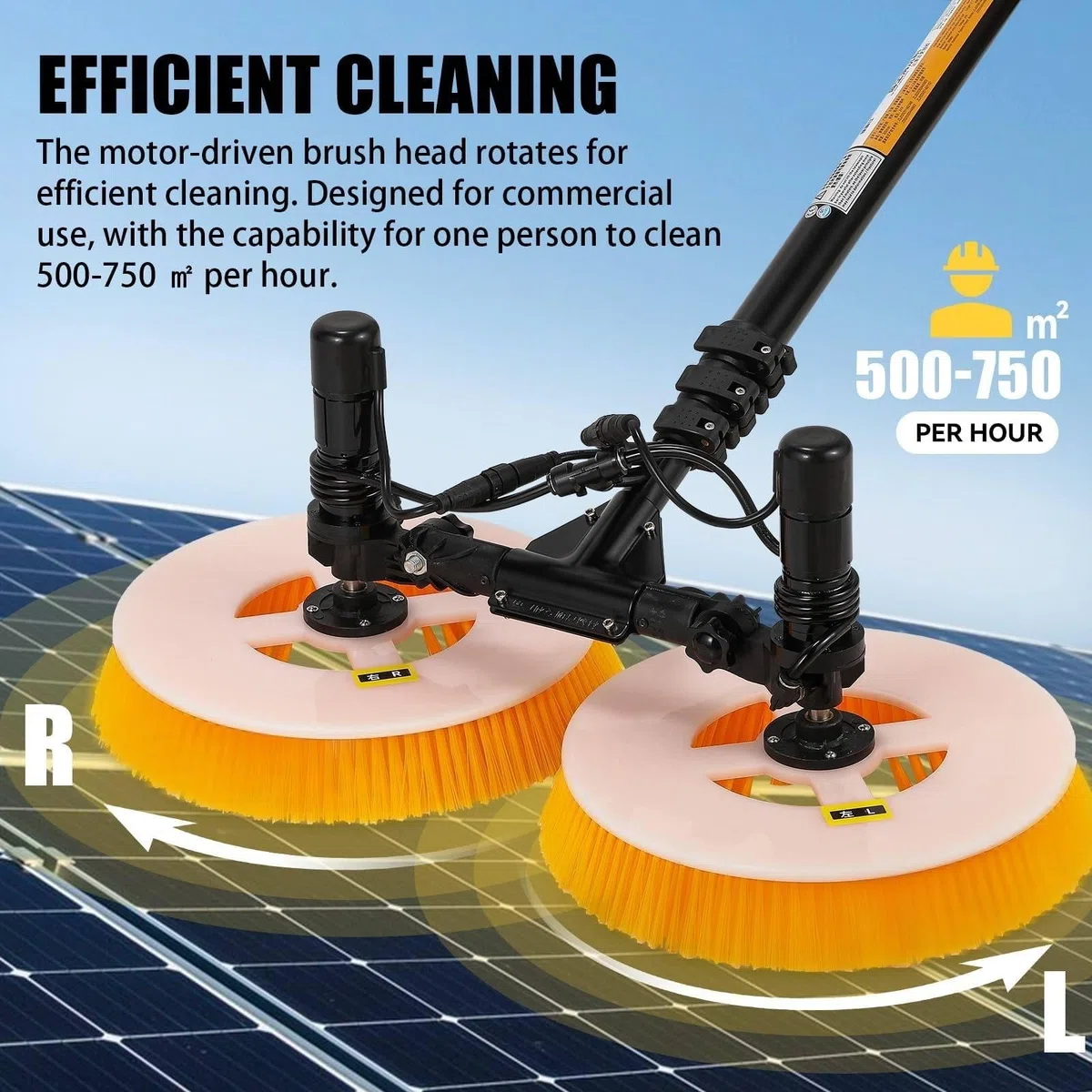 Cepillo de Limpieza Solar de Doble Cabezal, Alcance de Limpieza de 65 cm, con pértiga telescópica y Longitud Ajustable, Apto para centrales eléctricas, Plantas solare(Mains Electricity,7.5M)