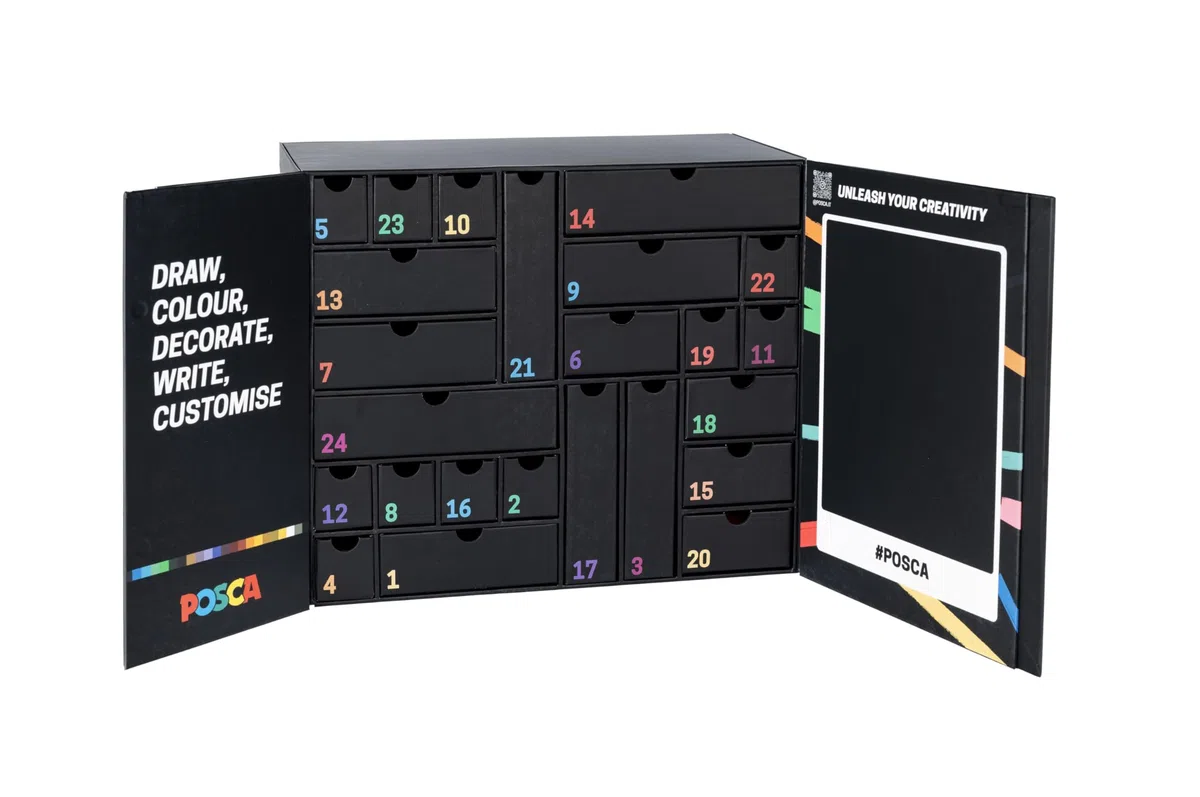 POSCA - Calendario de Adviento 2025 con 24 productos de papelería, papelería escolar, trabajos creativos - Ideas de regalo con cosas para la escuela, rotuladores de punta gruesa y fina, ceras de cera
