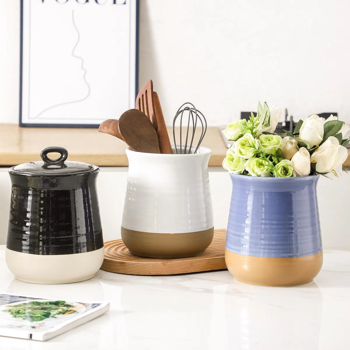 Hasense Recipiente de cerámica para cocina, recipiente de café de 88 onzas con tapa, tarro hermético de almacenamiento de alimentos para granos de café, frutos secos, dulces, especias, harina y