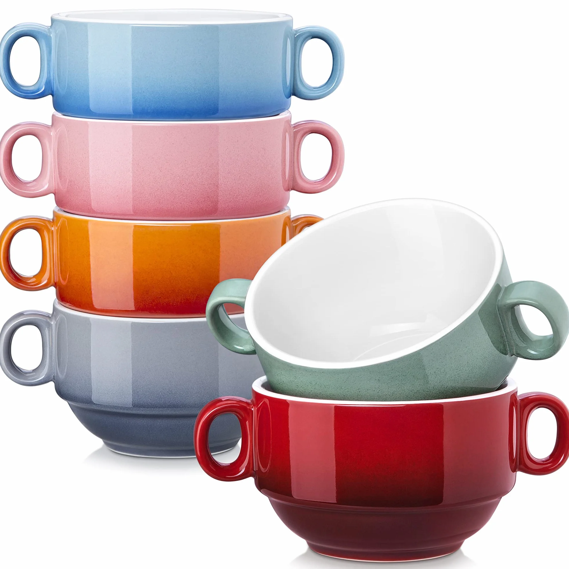 Lovecasa, taza de caldo con asas, 400 ml, cuencos para sopa de cerámica de 6 piezas, apto para lavavajillas y horno, multicolor