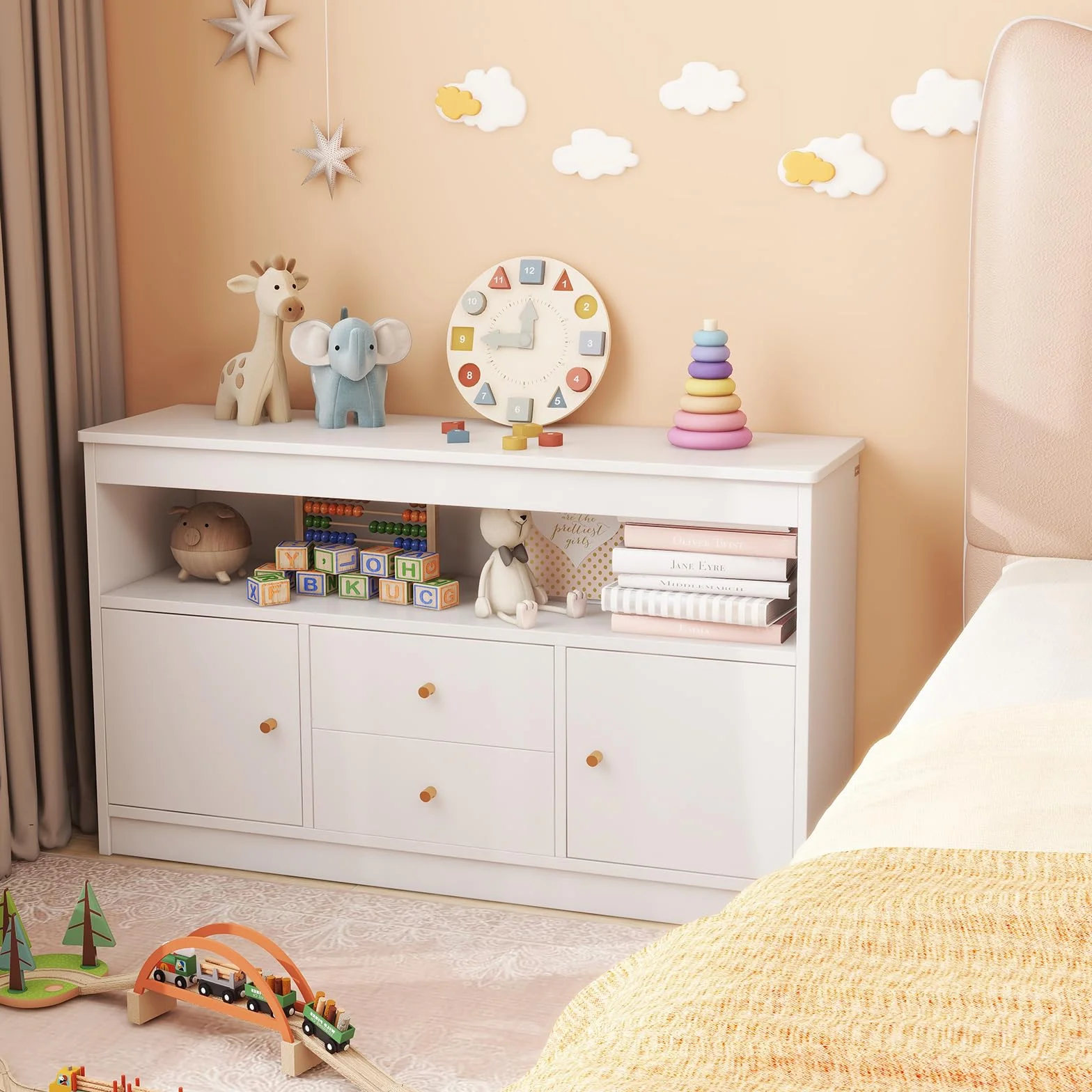 GOPLUS Organizador de Almacenamiento de Juguetes para Niños, Estantería con 2 Cajones, 2 Gabinetes Cerrados y 1 Compartimento Abierto, Mueble de Madera para Sala de Juegos (Blanco)