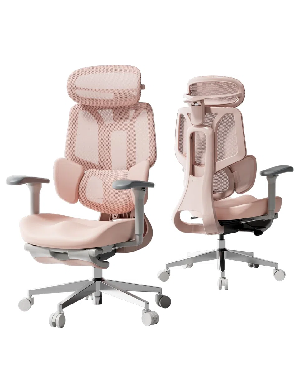 Hbada E3 Air Silla de Oficina Ergonomica - Soporte Lumbar Dinámico de 3 Zonas, Reposacabezas 3D y Brazos 4D, Silla Ergonomica Escritorio Sin Pedales (Rosa)