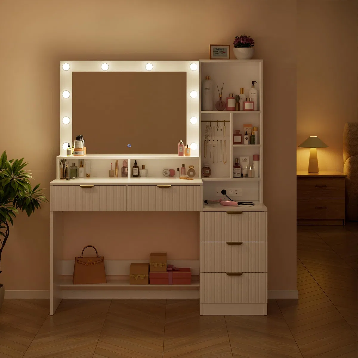 Airfish Tocador de Maquillaje con Espejo y Luz LED, Mesa de Maquillaje Grande con Enchufes, 12 Ganchos para Joyas y 5 Cajones, Tocador con Estantes Abiertos para Dormitorio, Moderno (Blanco)