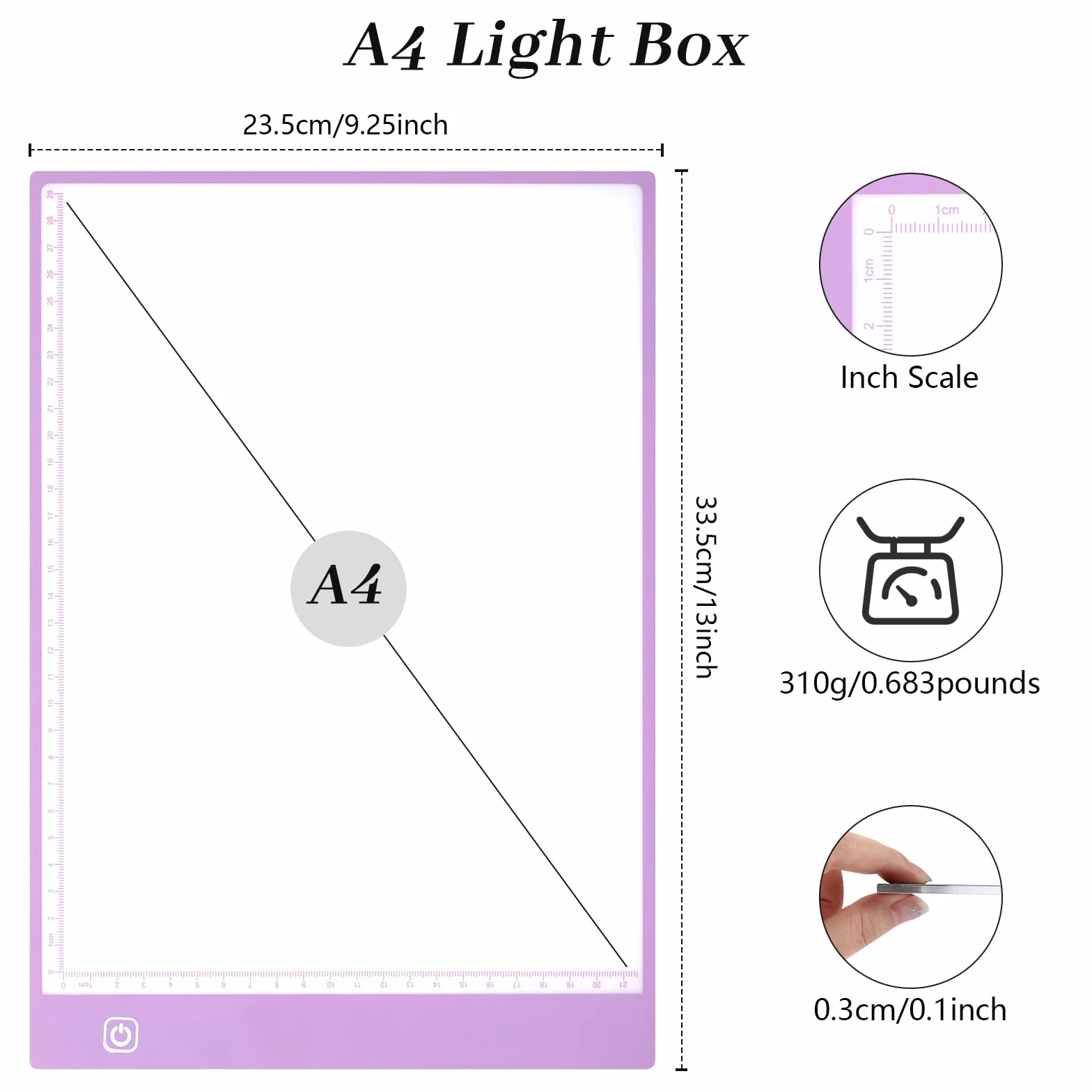 Damcyer Mesa de Luz Dibujo A4,Tableta de Luz Dibujo A4 LED,Light Pad de Ultrafino con Brillo Ajustable,Tablero de Luz con Cable USB,Mesa de Dibujo para X-Ray,Artistas,Pintura de Diamantes,Púrpura