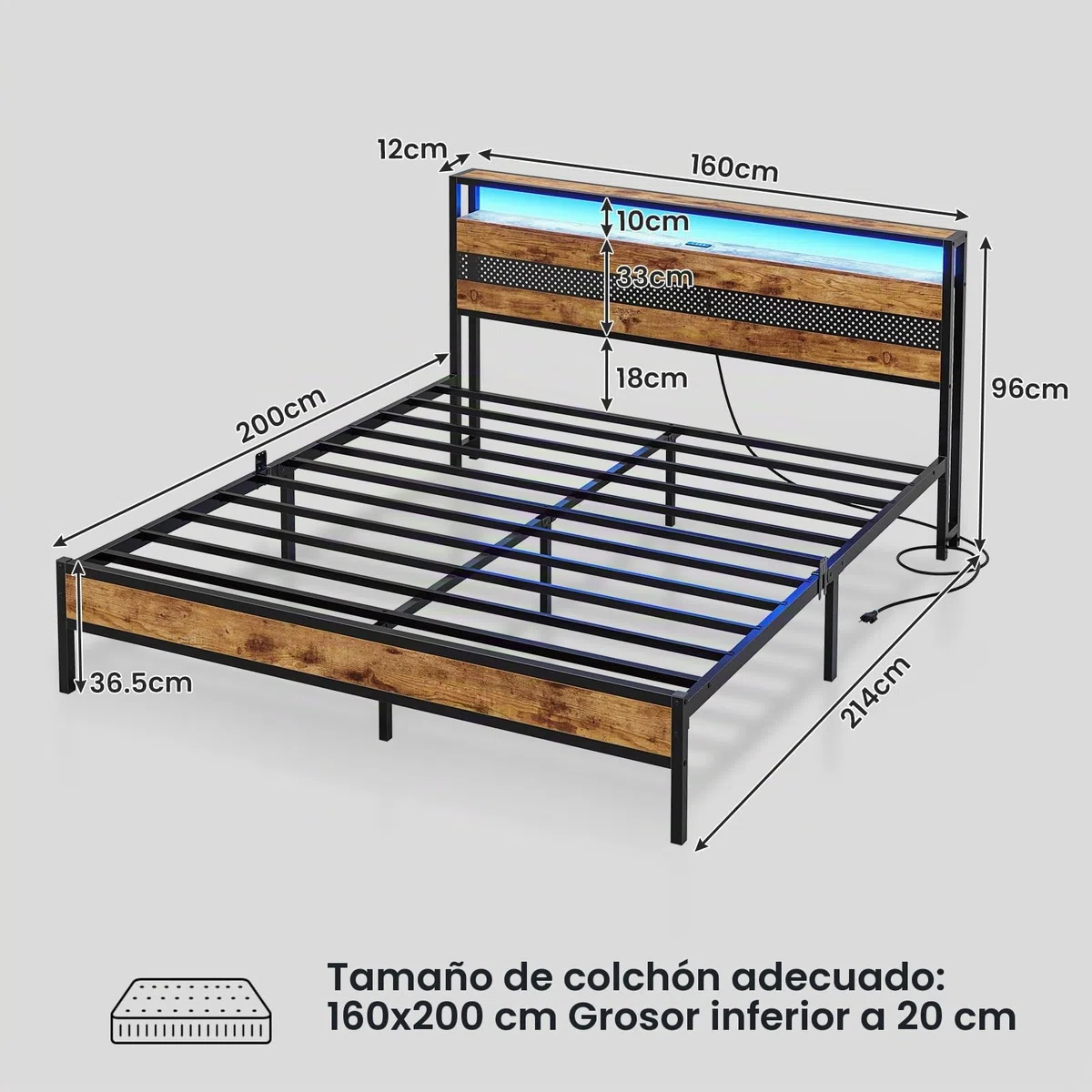Cama de 160 x 200 cm con somier de láminas de metal, estructura de cama de metal con enchufe y función de carga USB, cama doble con espacio de almacenamiento, cama para dormitorio y habitación de