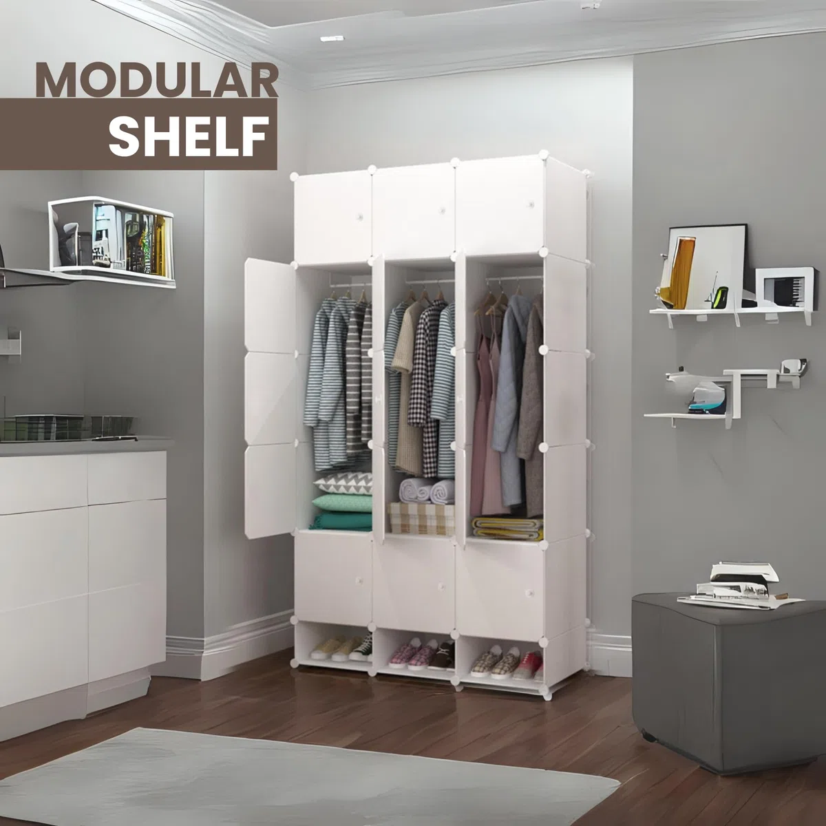 MAGIC SELECT Armario Modular. Estantería de Módulos. Organizador Modular de Ropa. Ropero para Hogar. Estante de Almacenamiento para Dormitorio, 18 Módulos, 2 Barras, 192x105 cm.