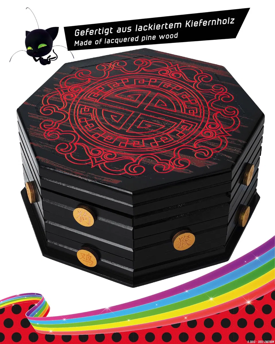 corimori Miraculous Ladybug Cofre de madera con licencia oficial, caja milagrosa del Maestro Fu de 26 cm
