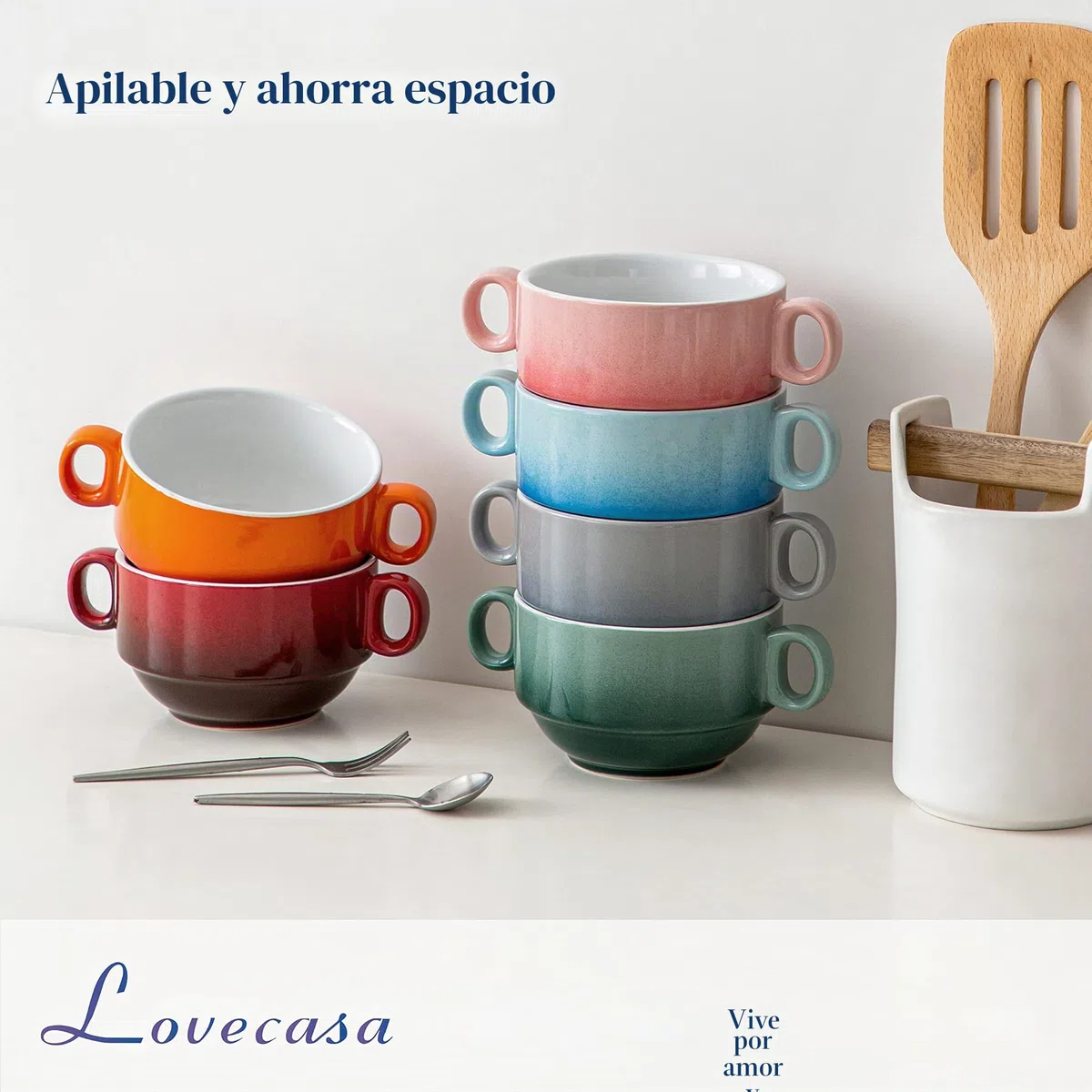 Lovecasa, taza de caldo con asas, 400 ml, cuencos para sopa de cerámica de 6 piezas, apto para lavavajillas y horno, multicolor