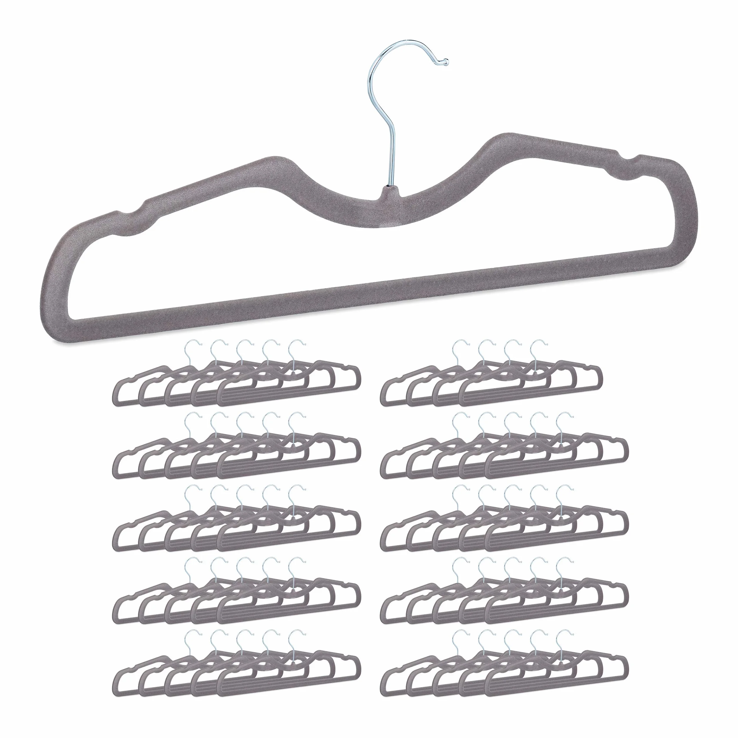 Relaxdays Perchas Terciopelo, Pack de 50, Antideslizantes, Ahorra Espacio, con Barra y Muescas, Hierro, 42 cm, Gris