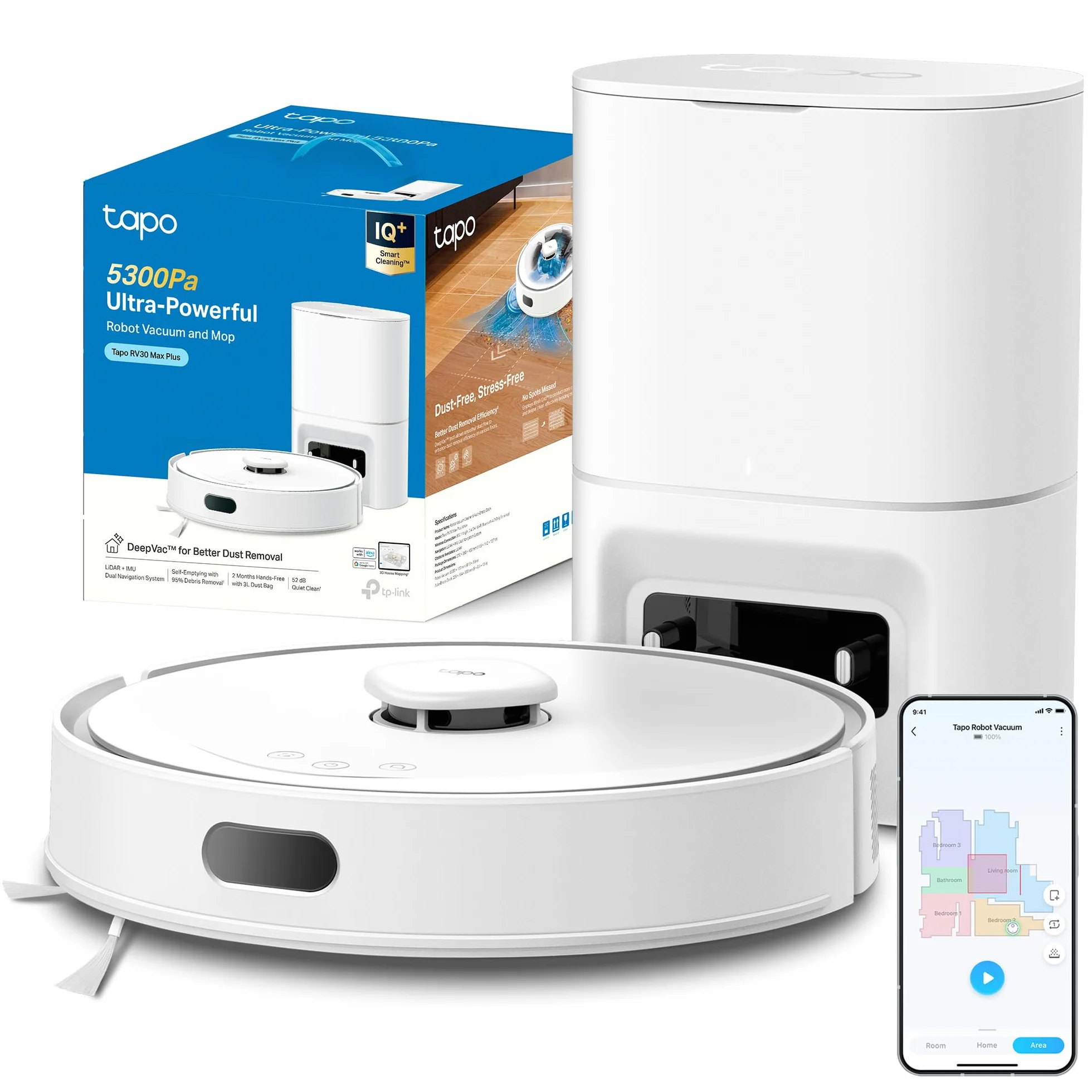 Tapo RV30 MAX Plus White-Robot Aspirador y Fregasuelos, Base Autolimpieza | Depósito 3L. Vaciado Automático. Navegación LiDAR+IMU. Detección de Obstáculos. Múltiples Funcion de Fregado. App Tapo.