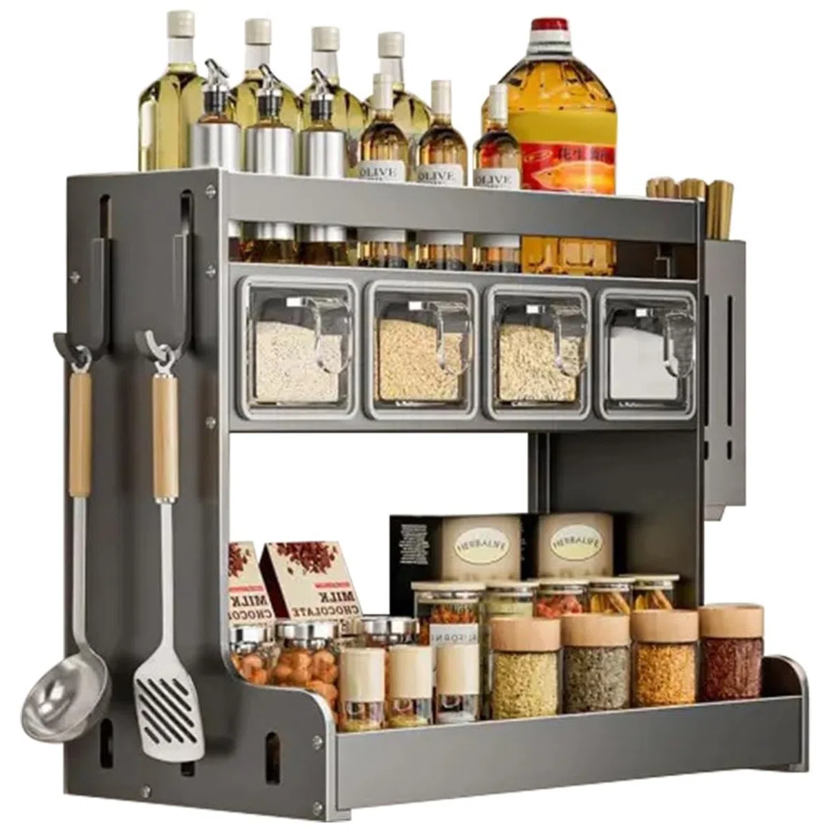Estante de especias con tarros, estante de almacenamiento de especias montado en la pared con 4 recipientes, gabinete de especias para condimentos para encimera y gabinete