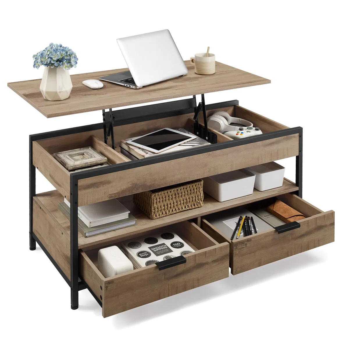 VASAGLE Mesa de Centro Elevable, Mesa de Salón, con Cajones de Almacenamiento, Compartimentos Ocultos y Estante Abierto, 50 x 100 cm, Marrón Camello y Negro Tinta LCT209K02