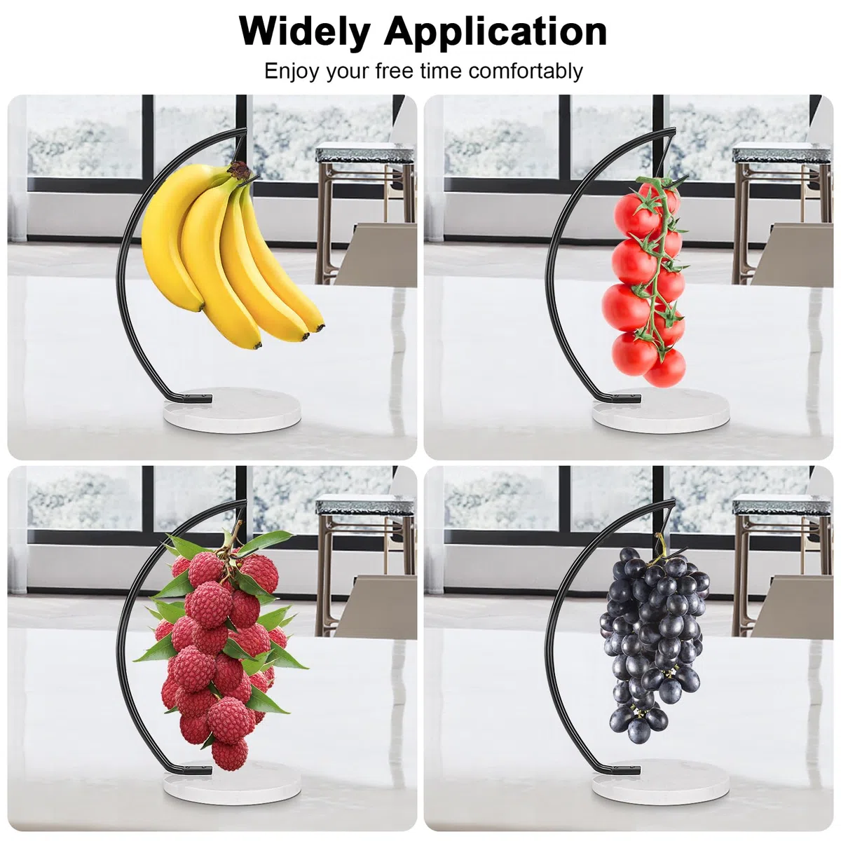 Livabber Soporte para plátanos con base de mármol, colgador de plátano de metal, moderno soporte para árbol con gancho, organizador duradero de almacenamiento de frutas frescas, independiente para