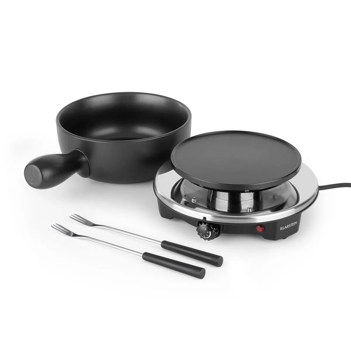 Klarstein Sirloin - Fondue de Queso, Para fiestas, Olla de cerámica esmaltada, Potencia de 1200 W, Placa de aluminio fundido, Termostato, Antideslizante, Negro