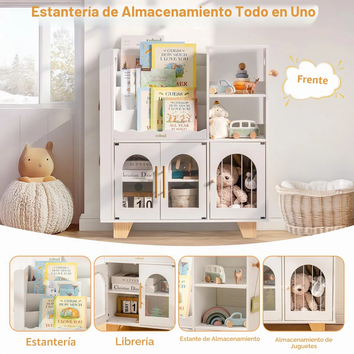 ROBUD Estantería para Libros Infantiles, Color Blanco, de Madera, Varios Niveles, con Zona de Almacenamiento de Juguetes, Armario Infantil para Grandes Libros de imágenes, Muebles Infantiles