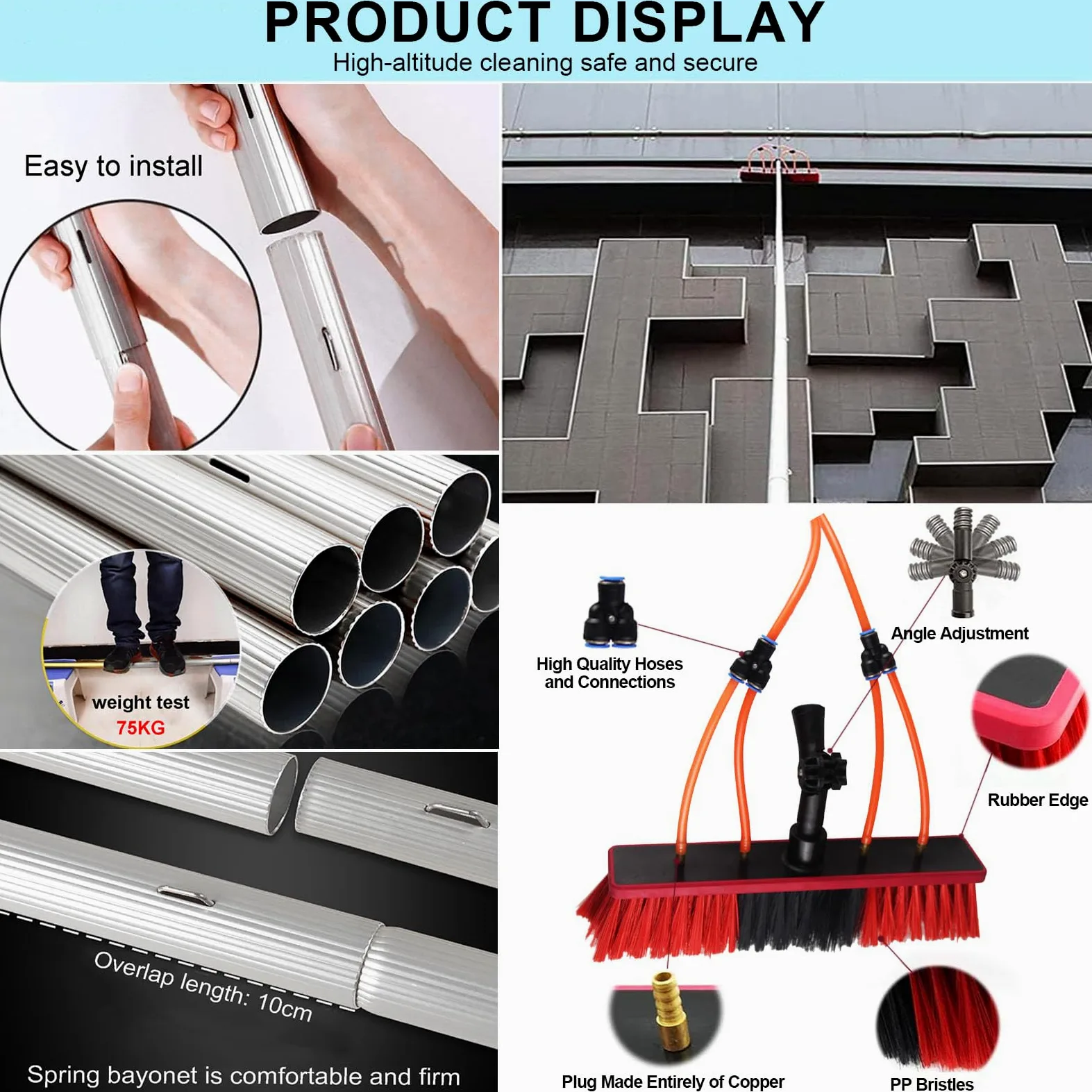 Kit de Limpieza de Ventanas con Suministro de Agua: pértiga Extensible de 3 m a 12 m con Cepillo de 35 cm para Ventanas Altas, techos, Coches y Suelos. Sistema de Cepillo con sumin