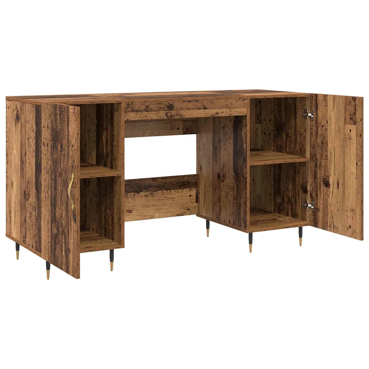 Escritorio con estante de madera recuperada 140 x 50 x 75 cm, material de madera mate, espacio de almacenamiento con 2 puertas y estantes, ergonómico para oficina, oficina en casa, estudio