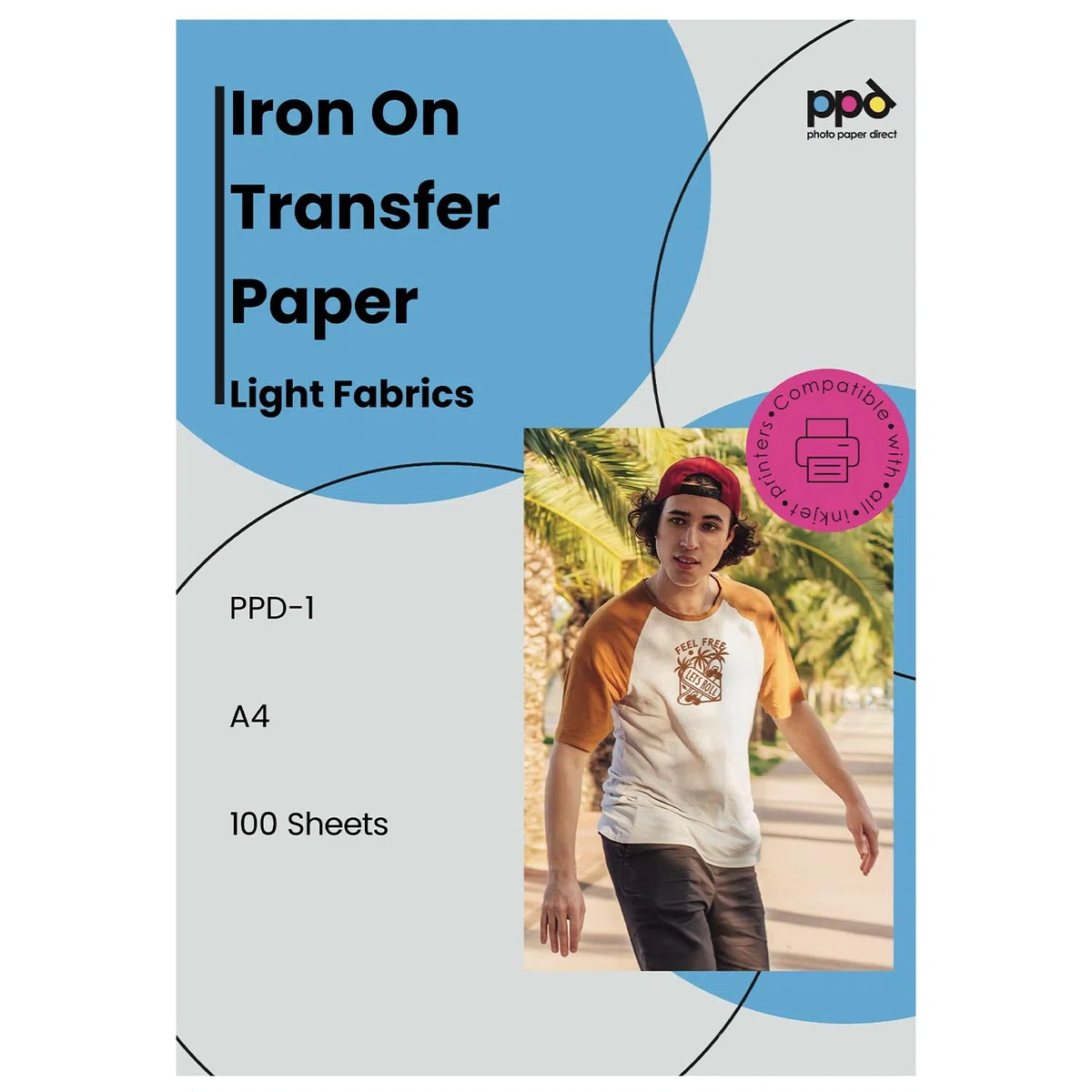 PPD A4 x 100 Hojas de Papel de Transferencia Térmica Para Camisetas, Mascarillas y Tejidos Blancos o Claros - Para Impresora de Inyección de Tinta Inkjet - PPD-1-100