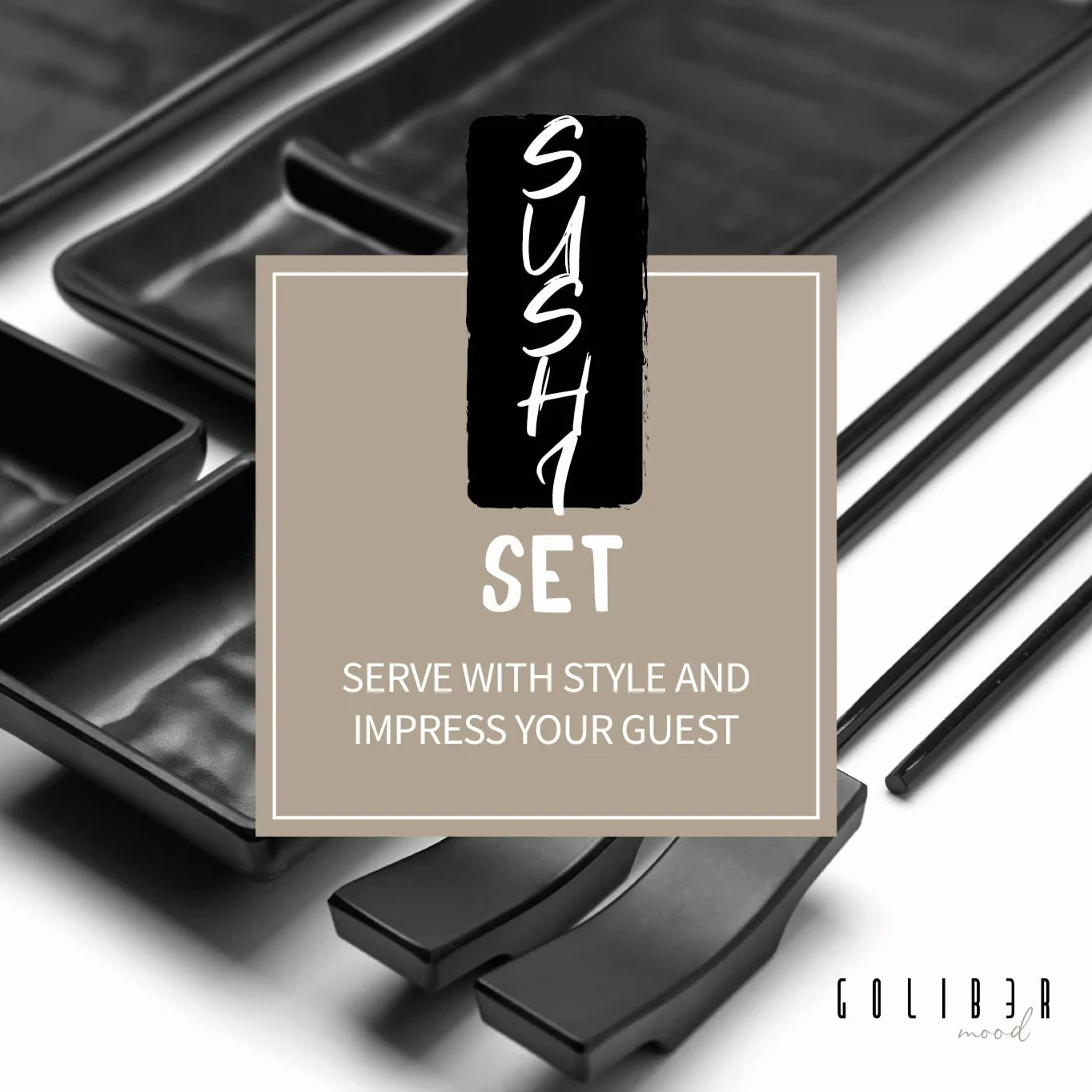 Vajilla Sushi Japonés (8 Piezas) – 2 Platos Individuales (19 X 14 Cm), 2 Tazones Para Salsa, 2 Pares De Palillos, 2 Soportes Para Palillos. En Melamina. Negro