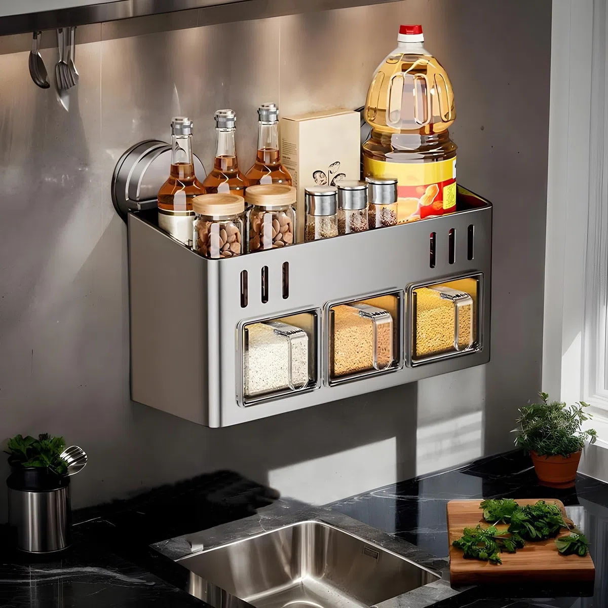 Estante impermeable para especias | Almacenamiento de doble capa de acero inoxidable | Soporte de armario de cocina y refrigerador que ahorra espacio para especias y condimentos