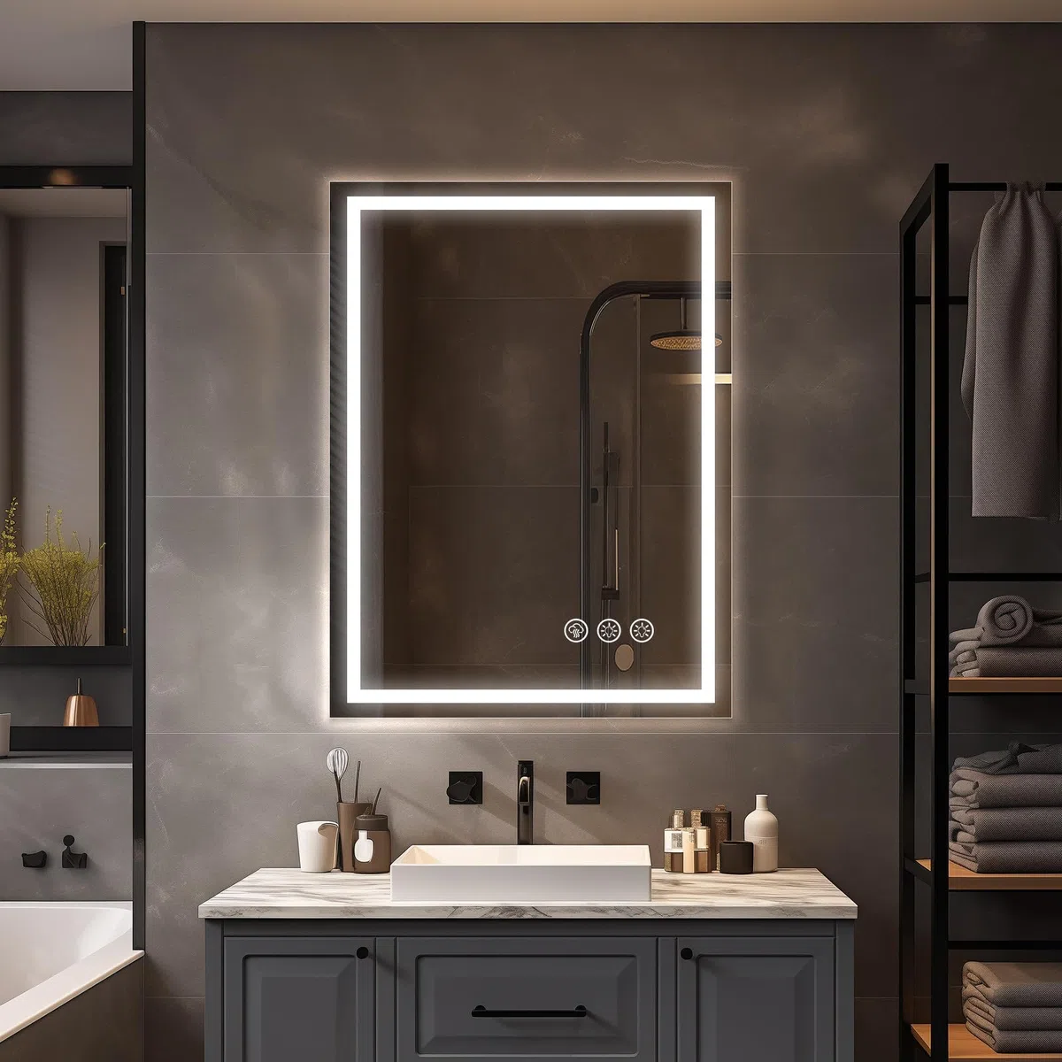 60x80cm LED Espejo Baño con luz de Pared, 3 Colores Luz, Antivaho | Espejo de baño impermeable, montaje horizontal y vertical, luz 3 colores ajustable, cristal templado resistente