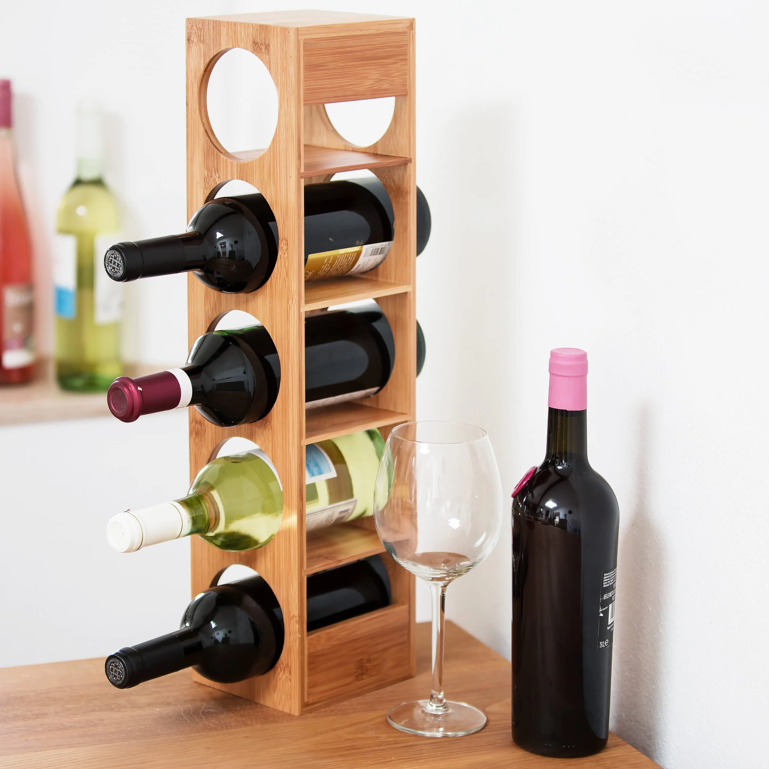 Relaxdays Botellero Vino Bambú, Pack de 2, Estantería 5 Botellas, 53 x 14 x 12 cm, Vertical,de Pie, para Cocina, Natural