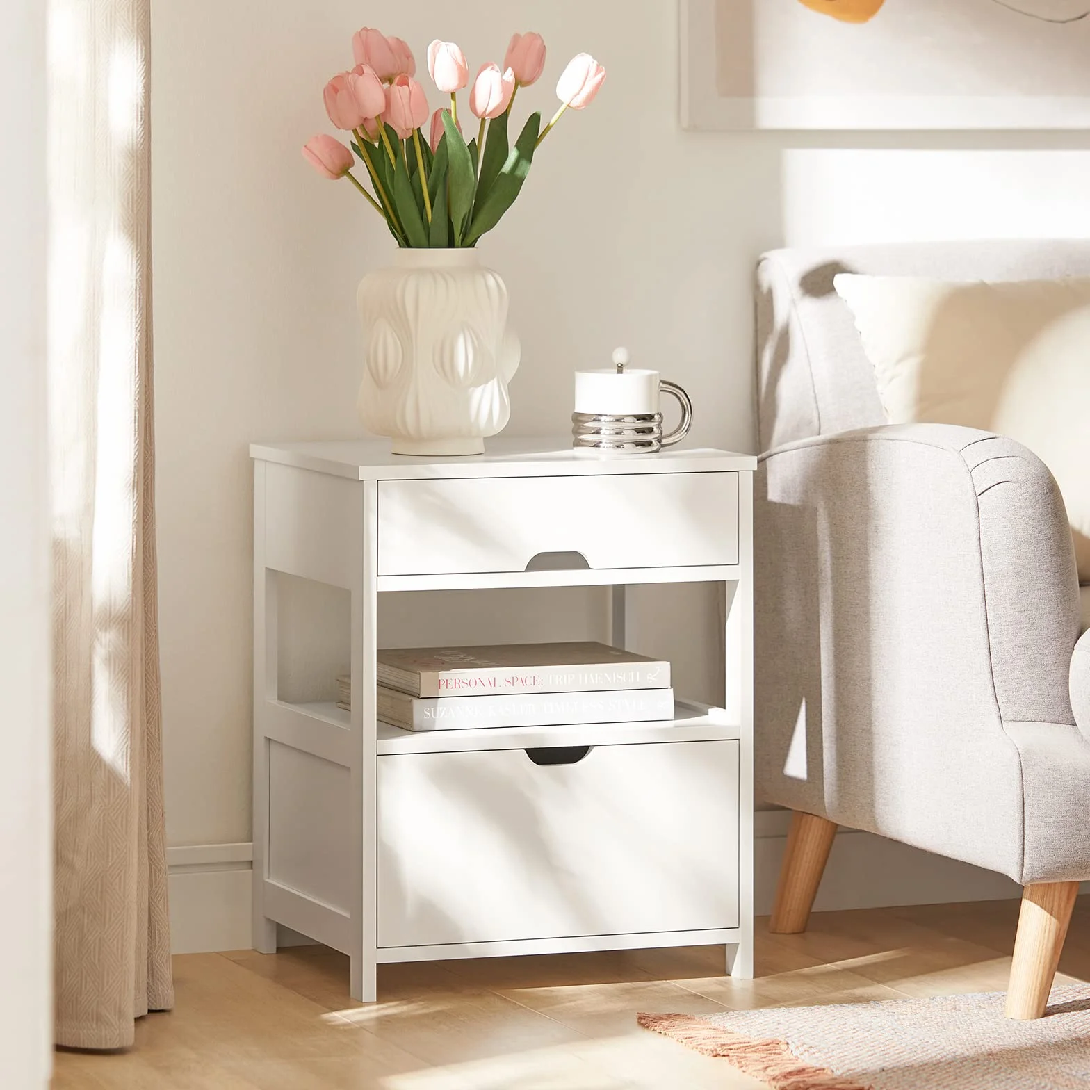 SoBuy Mesita de Noche con 2 cajones y Estante, Mesa Auxiliar, Moderno Mesa de Noche Dormitorio, 45 x 38 x 55 cm, Blanco, FRG258-II-W