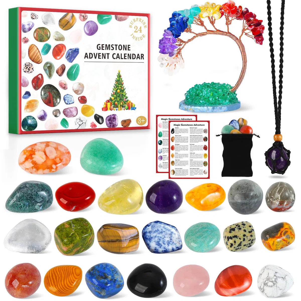 Calendario de Adviento de cristal 2025, 24 sorpresas con árbol de cristal de chakra, 23 rocas naturales y piedras preciosas para aprender, coleccionar, calendario de Adviento de Navidad, regalo para