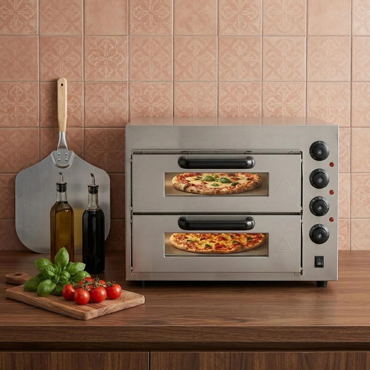 Horno de pizza de 3000 W, horno profesional de doble cámara, horno de pizza de acero inoxidable, horno de pizza eléctrico para la encimera, cocinas domésticas, restaurantes, pizzerías