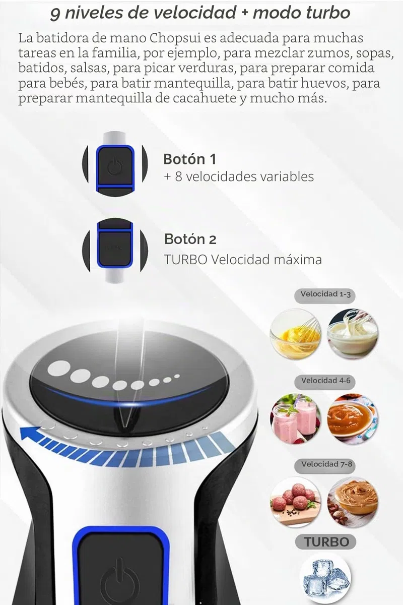 LEHMANN Chopsui Batidora de Mano 1200W, Multifuncional Batidora Mano Acero Inoxidable, 8 Ajustes de Potencia Más Turbo, Set Accesorios, Ideal para Papillas, Sopas, Batidos, Purés, Salsas