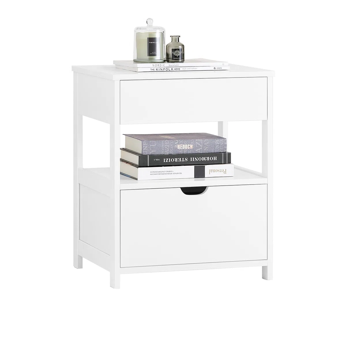 SoBuy Mesita de Noche con 2 cajones y Estante, Mesa Auxiliar, Moderno Mesa de Noche Dormitorio, 45 x 38 x 55 cm, Blanco, FRG258-II-W